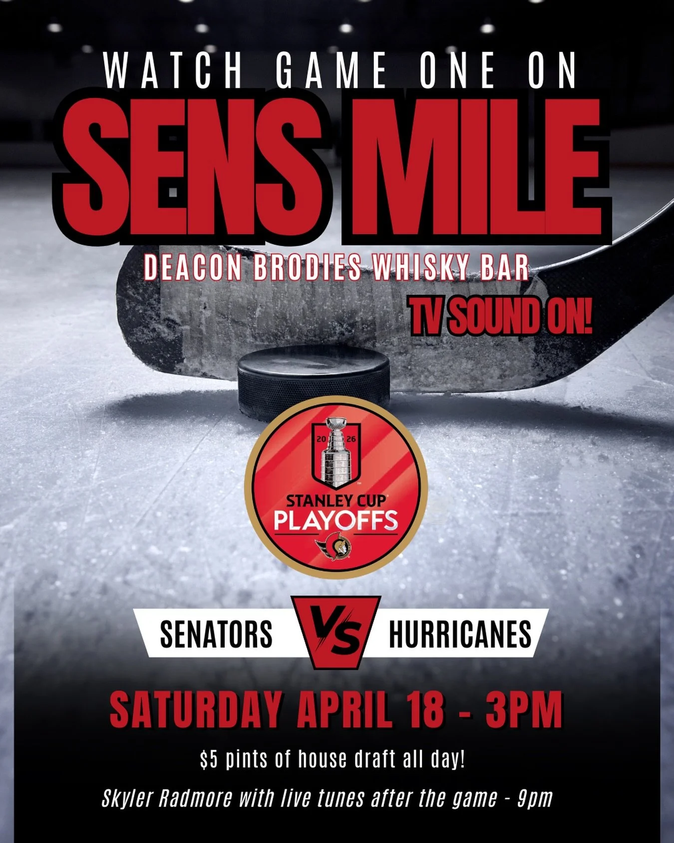 SENS MILE IS BACK 🔴⚫️

Elgin Street is buzzing again and we&rsquo;re all in.

Catch EVERY Ottawa Senators playoff game at Deacon Brodies Whisky Bar (247 Elgin) right in the heart of SENS MILE.

🏒 Game sound ON
📺 10+ TVs + BIG SCREEN
🍺 $5 house dr