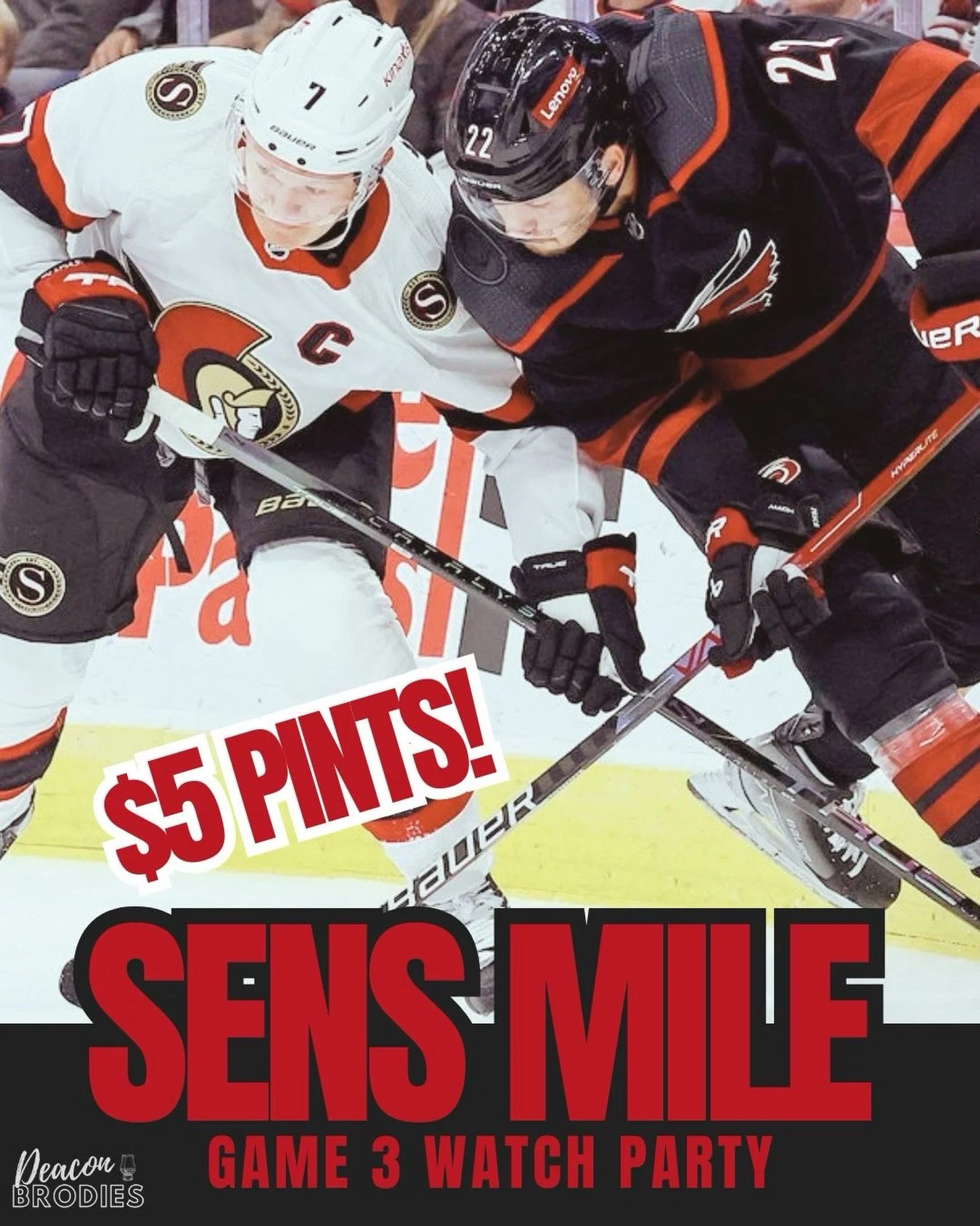 FIRST HOME GAME. THIS IS THE ONE. 🔥
Thursday April 23 | 7:30PM

🚨 Sens Mile is READY! 🚨

$5 pints
$8 doubles. 
10 TVs, sound ON, no cover.

Reservations by phone only: 613-236-6464
Walk-ins welcome&hellip; but get here early!

Let&rsquo;s go Sens!