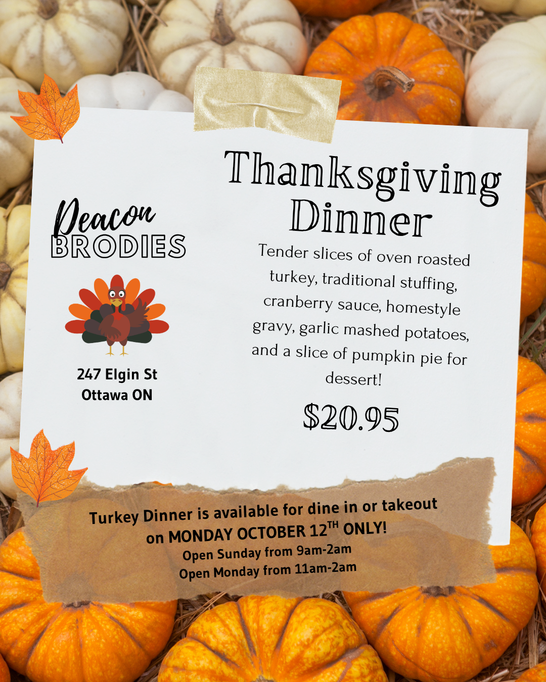 Thanksgiving Dinner in Downtown Ottawa at Deacon Brodies 