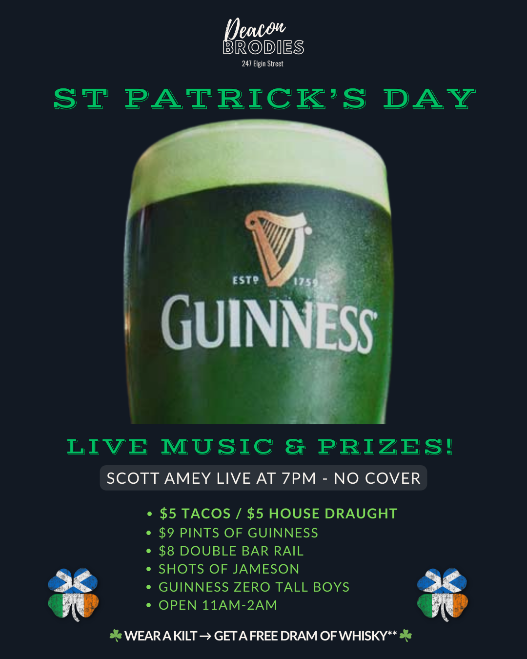 St. Patrick’s Day at Deacon Brodies – Guinness, Live Music &amp; Prizes