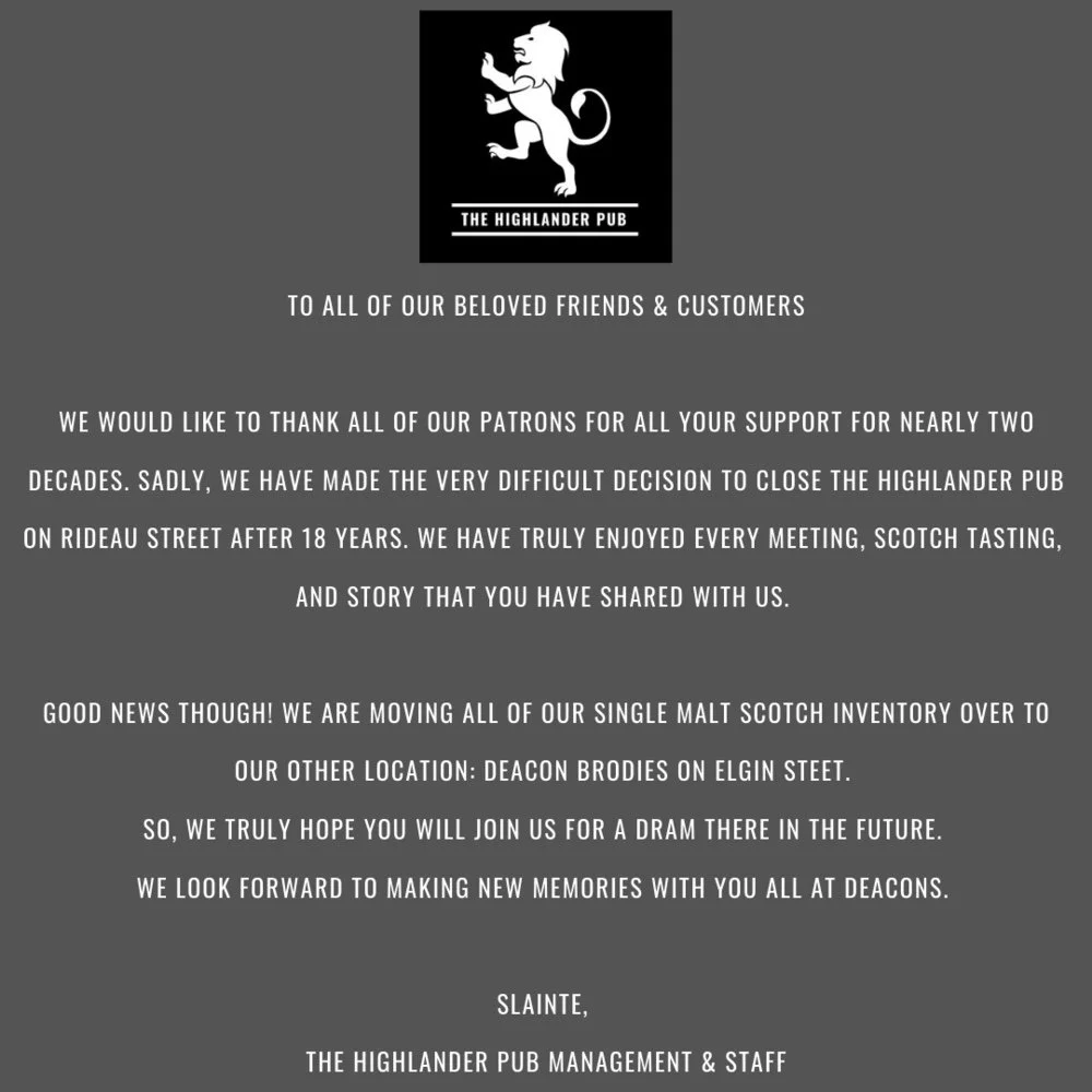 Highlander Pub Rideau Street Whisky Scotch Closing Permanently