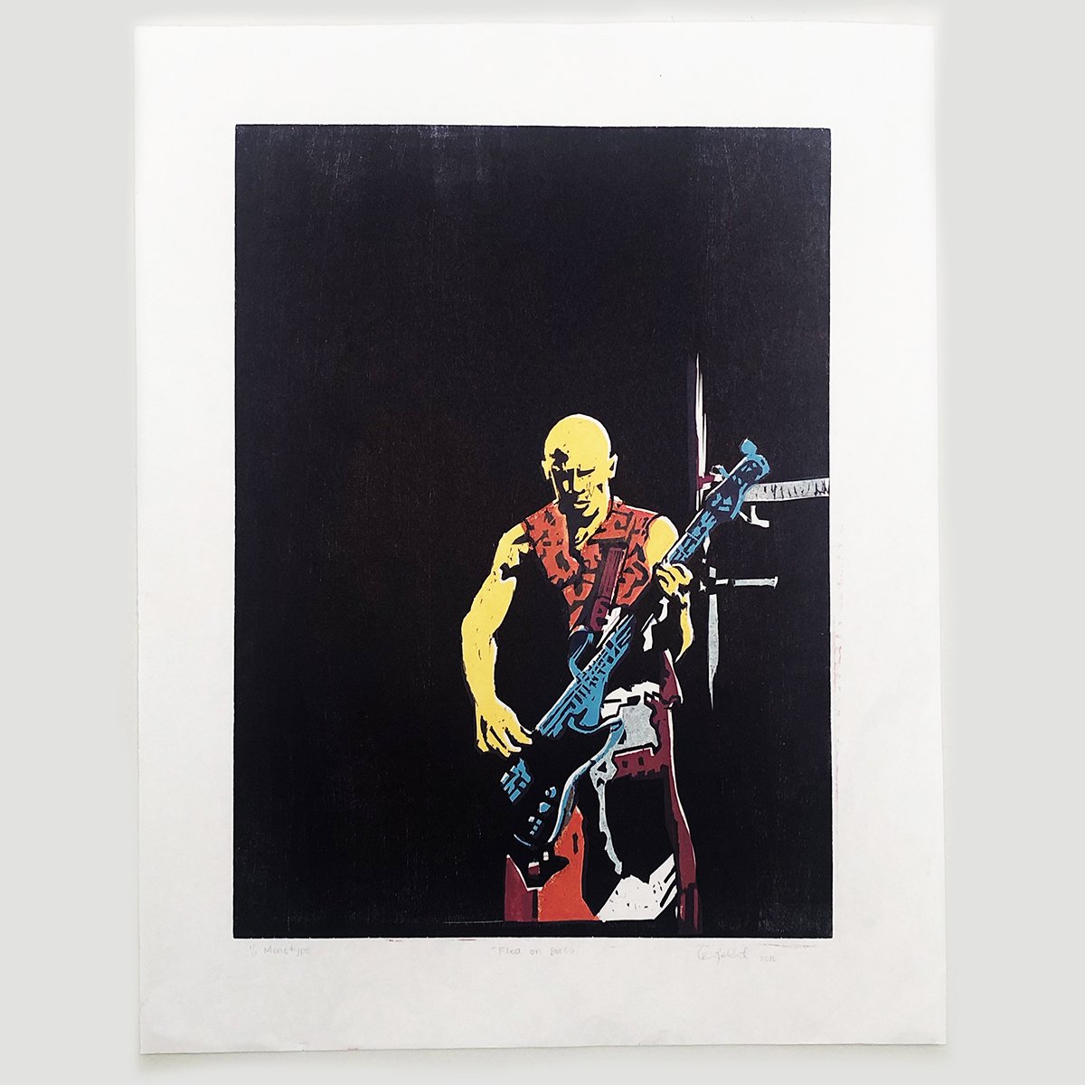 Colorful poster of a person playing an electric guitar, standing in front of a black background with a microphone stand to the side.