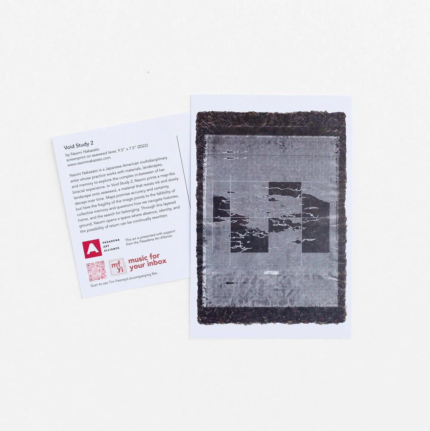 Meet this month&rsquo;s postcard artist, Naomi Nakazato!

Across her practice, Naomi works with materials, landscapes, and memory to explore the complex in-between of her biracial experience. In Void Study 2, through layers of seaweed, Naomi opens a 