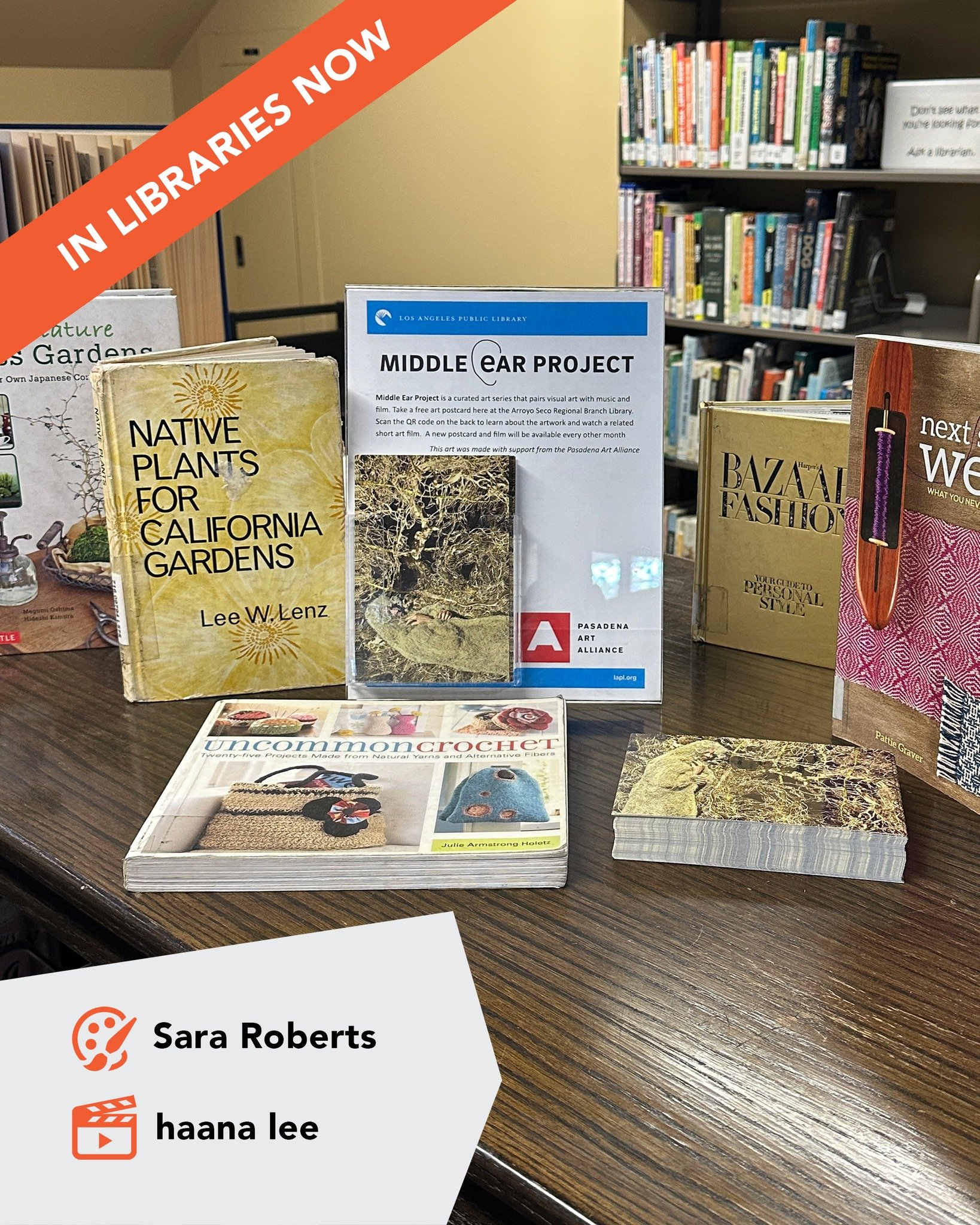 Free art in the libraries with our Library Arts Program!

Pick up a postcard of Sara Roberts&rsquo;s &ldquo;Shawl for Lolly Willowes&rdquo; and scan the QR code to see the &ldquo;but was it me trying to hide or you not wanting to see?&rdquo; sound fi