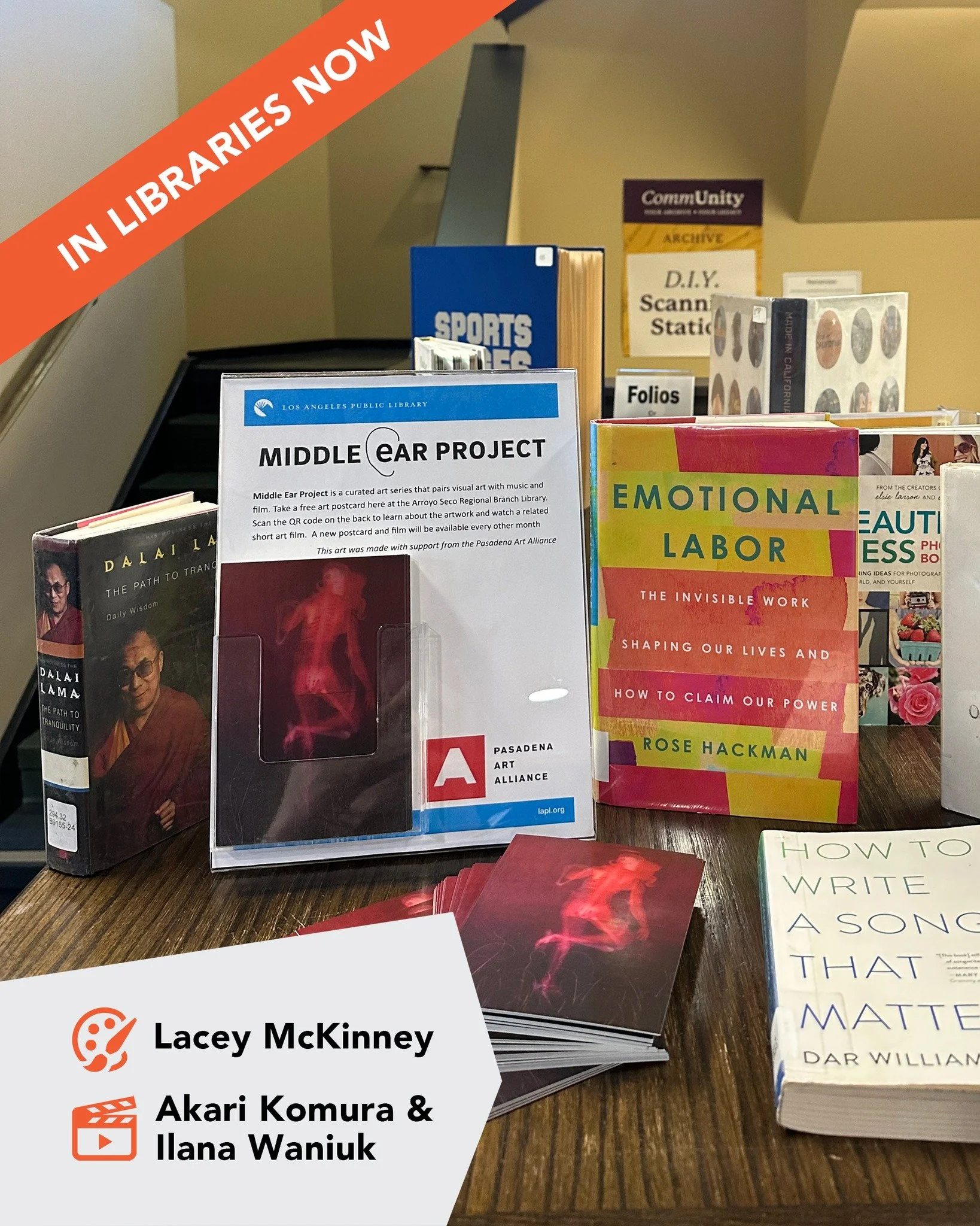 Free art in the libraries with our Library Arts Program!

Pick up a postcard of Lacey McKinney&rsquo;s &ldquo;Reconfiguration 67&rdquo; and scan the QR code to see the &ldquo;Notes of Care&rdquo; sound film by Akari Komura and Ilana Waniuk

Available