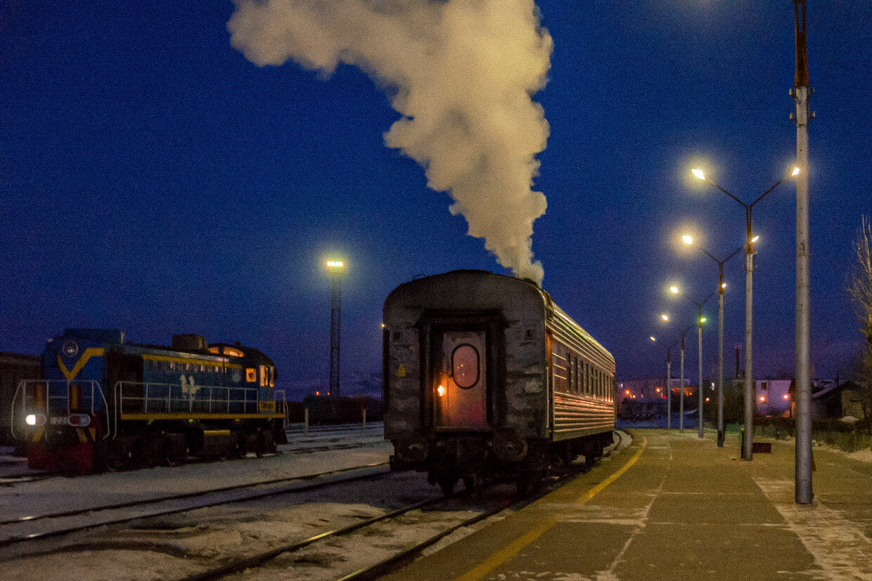 The Trans-Mongolian Express as it crosses the border between Mongolia and Russia.