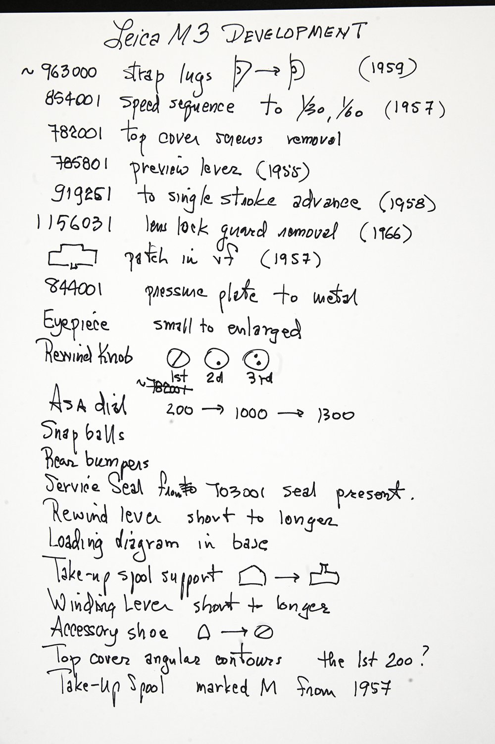 Leica M3 Development list handwritten by Leica historian James Lager..jpg