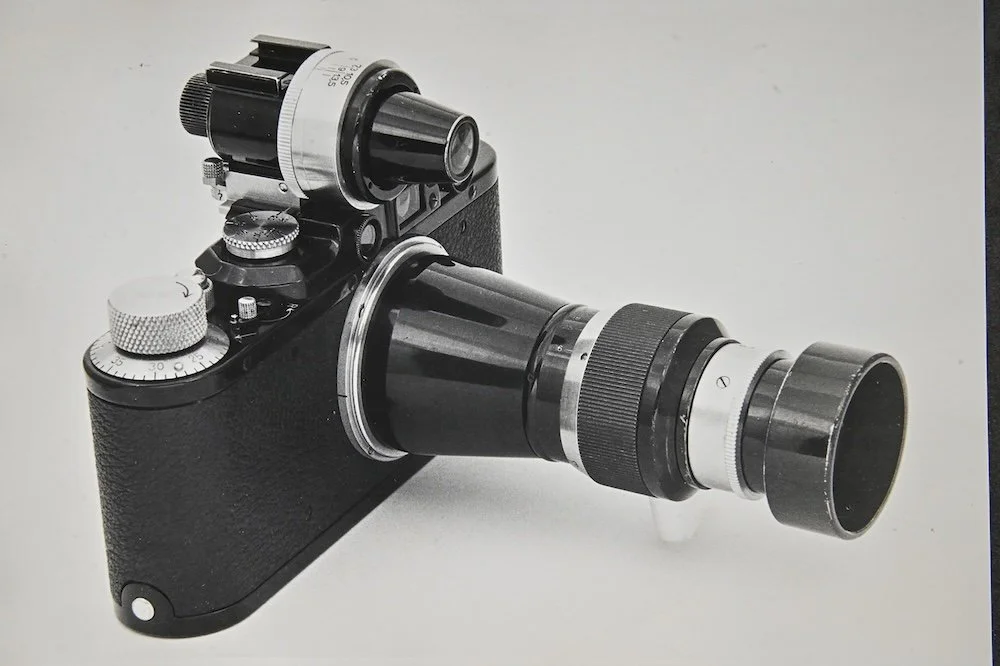 10.5 cm f:6.3 Alpine Elmar with rare hood on Leica II (Model D) with VIDOM universal finder.JPG