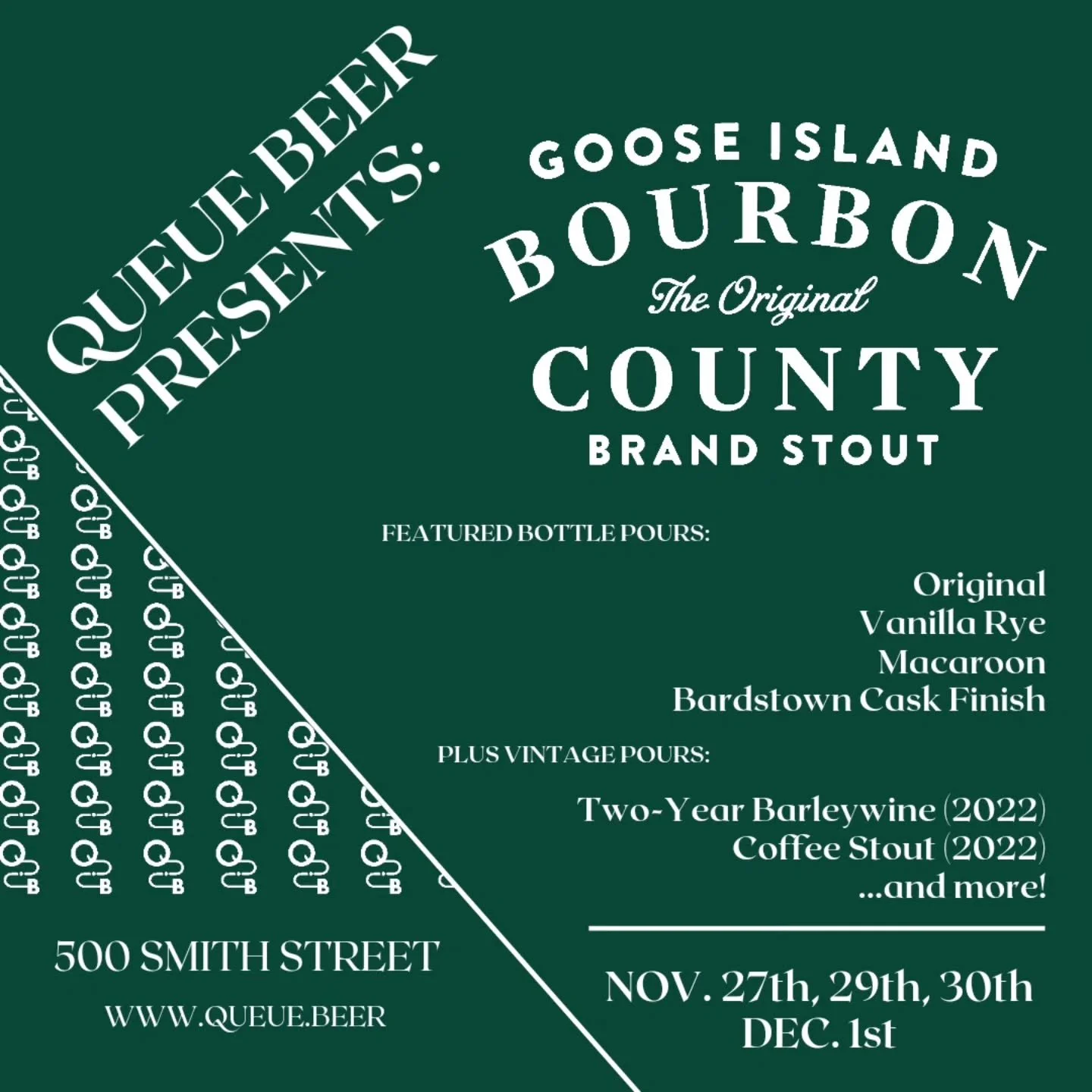 Queue Beer Presents:

Our annual Bourbon County Brooklyn event is back for another year. Here's what you can expect from the 2024 lineup, available for on-site bottle pours:

Original
Vanilla Rye
Macaroon
Bardstown Cask Finish

Additionally, we'll of