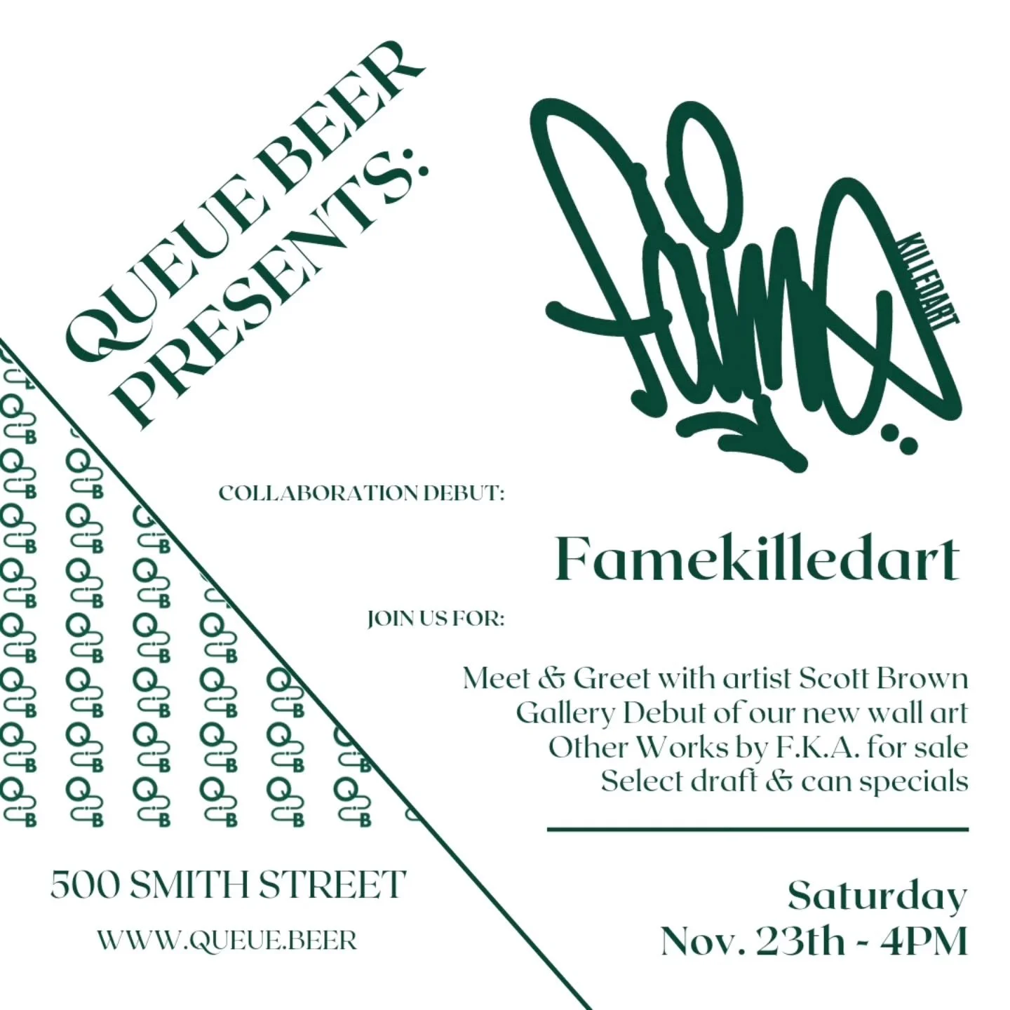 Queue Beer Presents:

Join us on Saturday, November 23rd at 4PM for an enchanting evening with @famekilledart! We're excited to unveil our gallery-style collaboration, intertwining the art of brewing with visual artistry. 

Each of the seven canvases