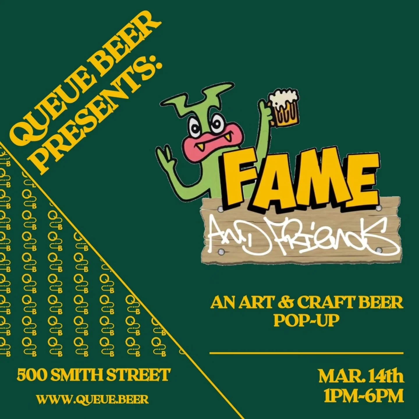 Queue Beer Presents:

Join us on Saturday, March 14th at 1 PM for a fun art &amp; beer pop-up featuring @famekilledart and @creative_cuzzo!

We'll have special collaboration tees available for sale, along with hand-painted canvases from Scott Brown a