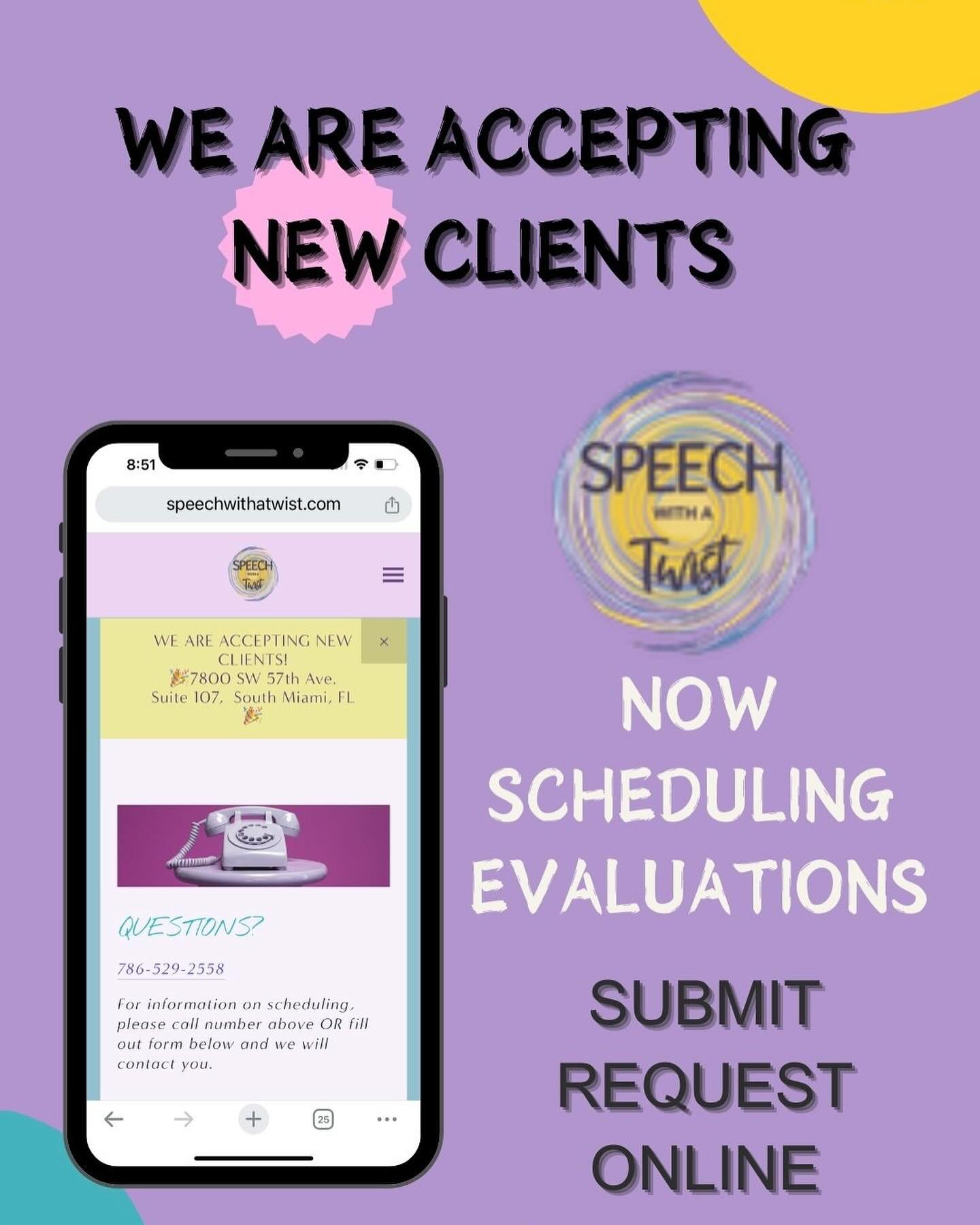 💫We are accepting new clients! 

❕To book an appointment or receive information regarding scheduling availability, please submit a request form located on our website or call 📞 786-529-2558 

🔗 Link in Bio to our website wwww.speechwithatwist.com 