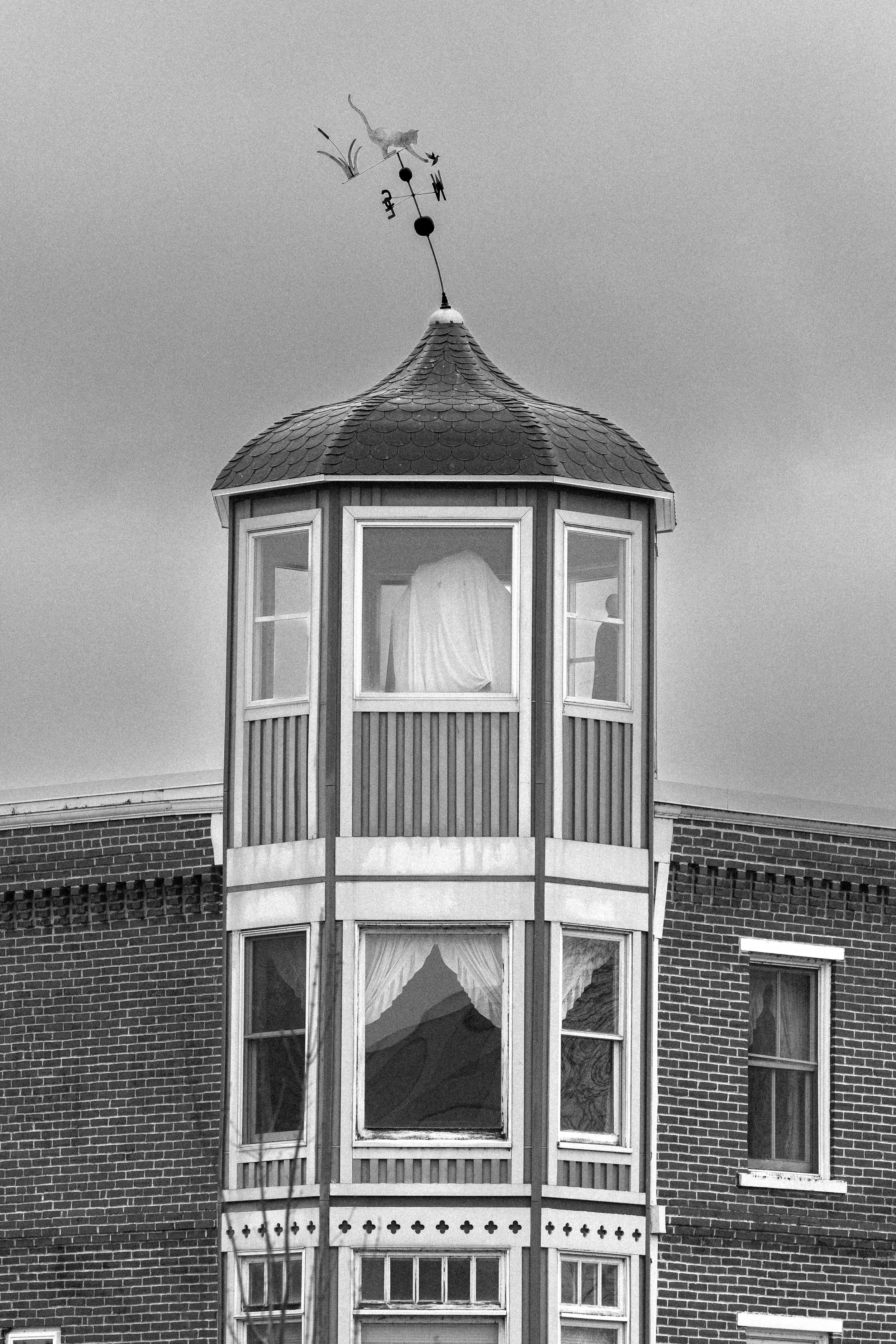 Black and white photo of a house facade with prominent bay windows and a decorative rooftop with a weather vane featuring a cat.