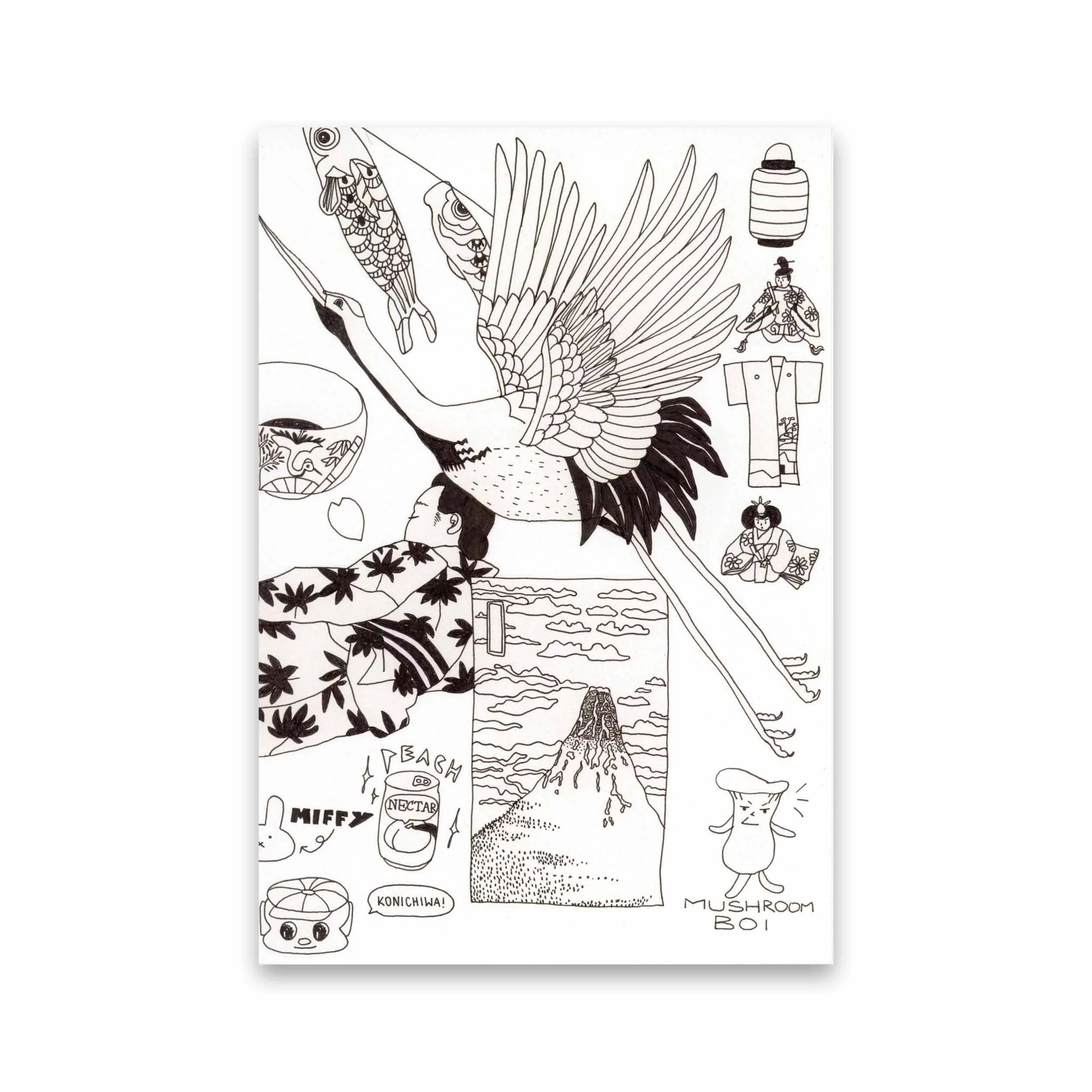 Front view of “Japan Lines” card featuring black-and-white illustrations from a three-month journey through Japan. A quiet composition of small impressions and travel moments, printed on matte 300 g paper.