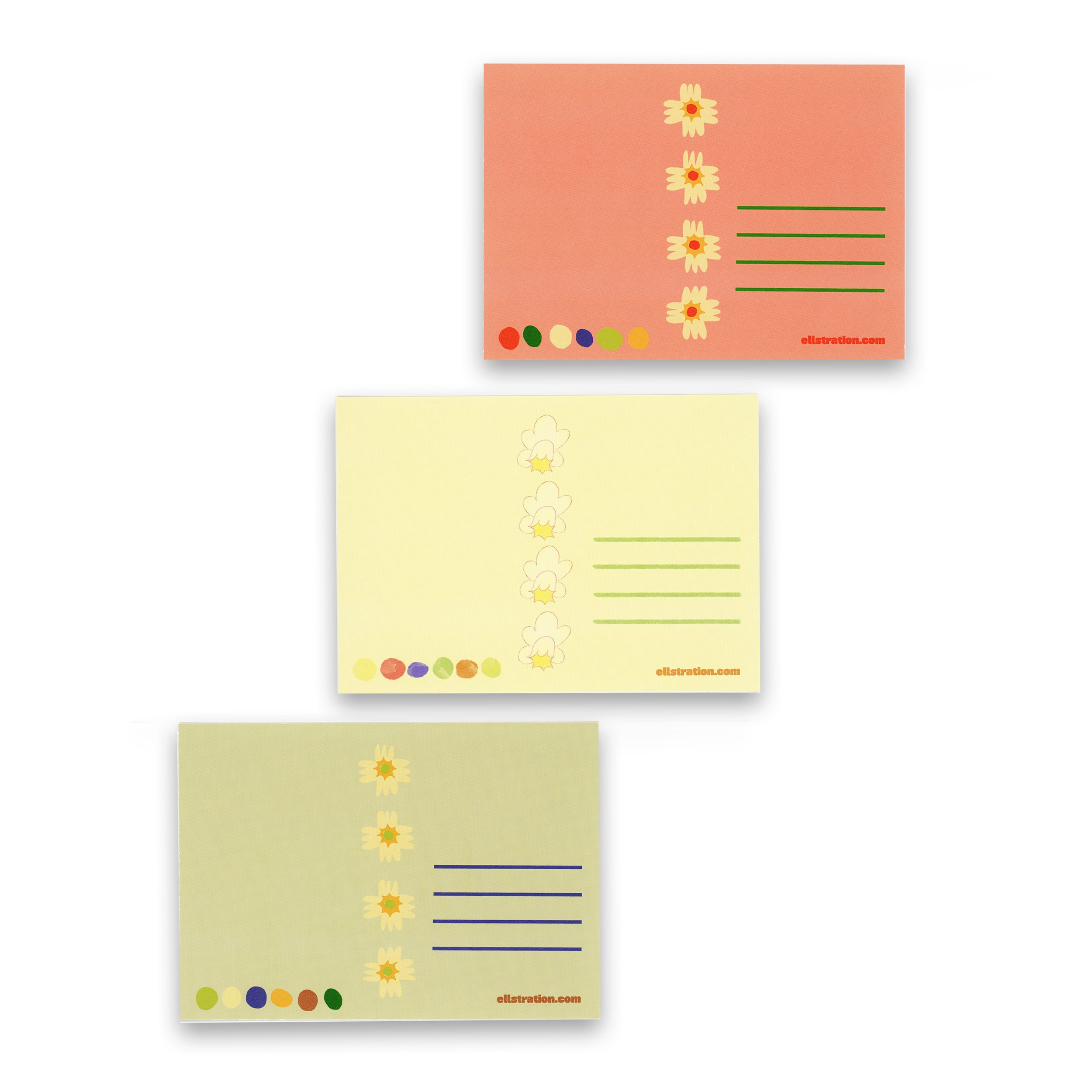 Back view of three A6 cards from “The Blooming Spring Realm” bundle, each with vertical flower rows, writing lines, and a row of colored dots. Designed for gentle correspondence in green, yellow, and red editions.