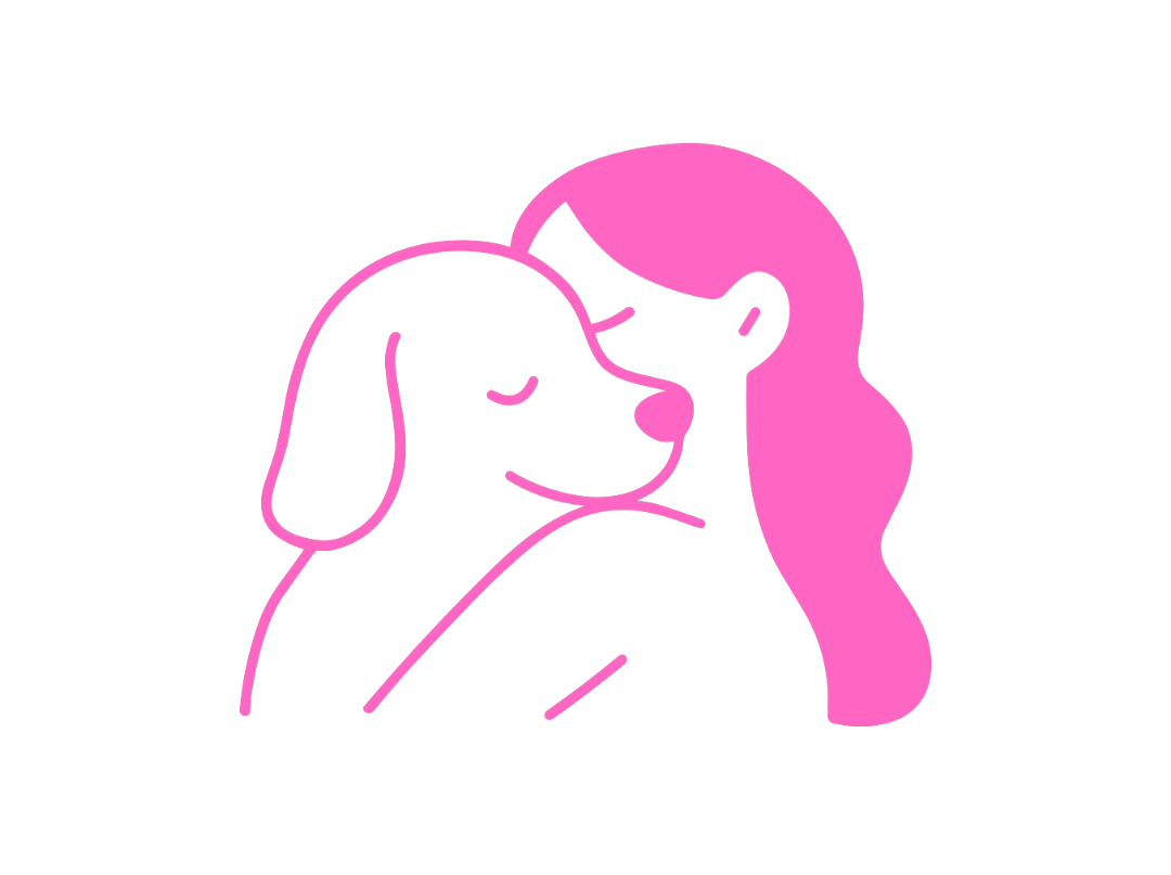 Line drawing of a woman with long pink hair hugging a dog with closed eyes.