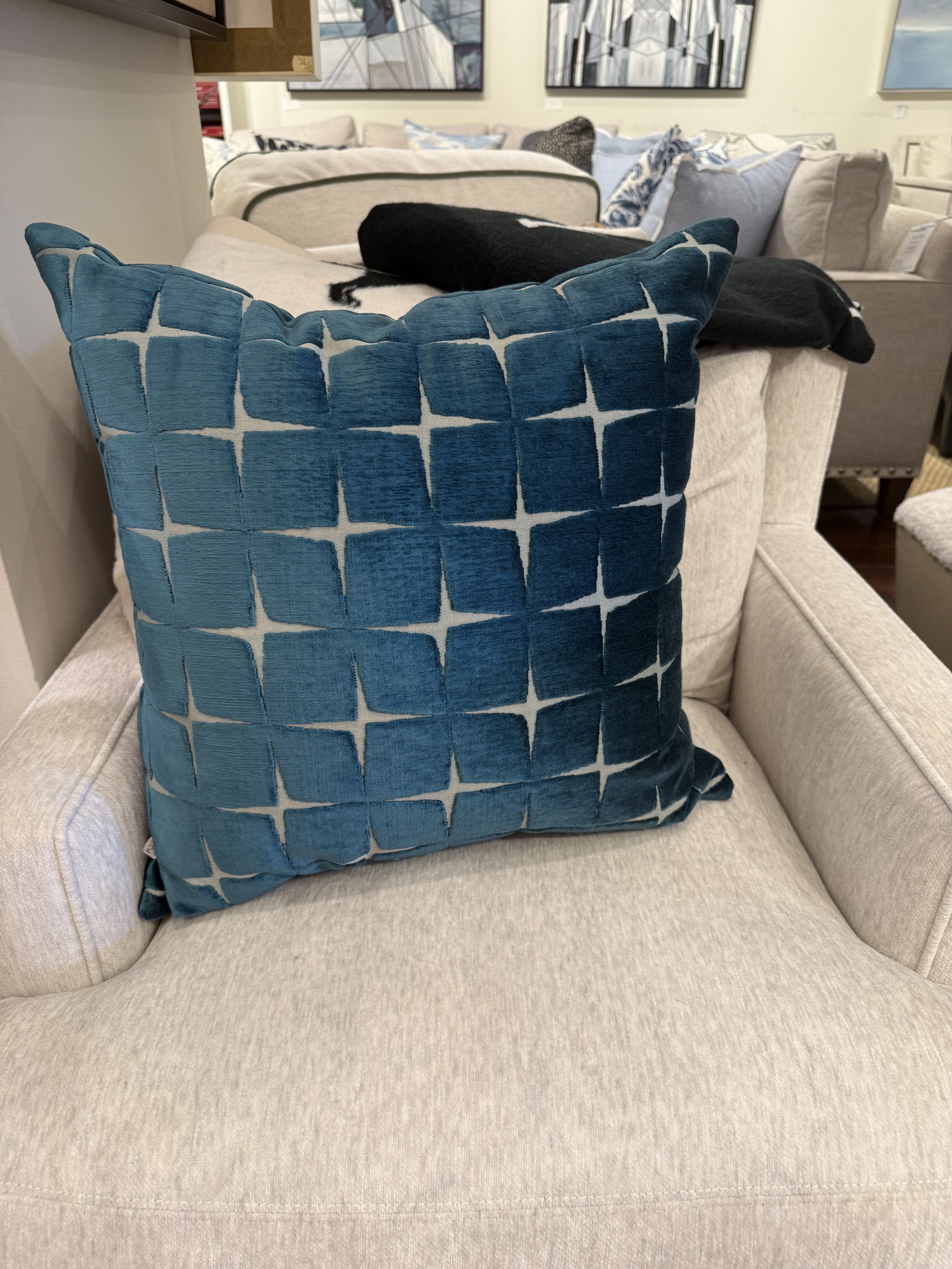 Teal Velvet Geometric Pillow | Donna Donaldson Interiors