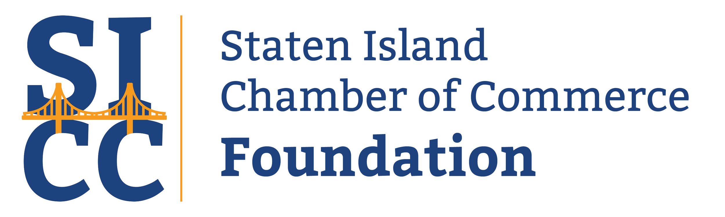 Logo of the Staten Island Chamber of Commerce Foundation featuring blue letters 'SI' with an orange bridge graphic connecting the two 'I's', and the full name 'Staten Island Chamber of Commerce Foundation' written beside it.