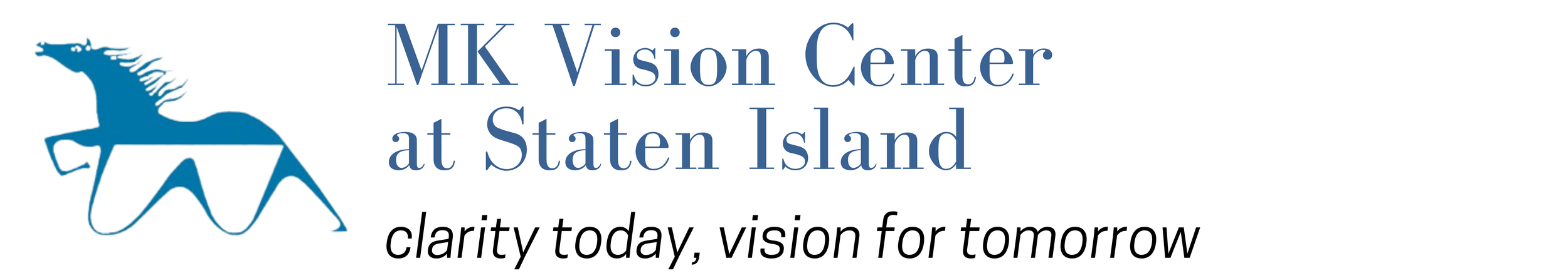 Logo for MK Vision Center at Staten Island with a stylized blue horse wearing glasses and the tagline "clarity today, vision for tomorrow."