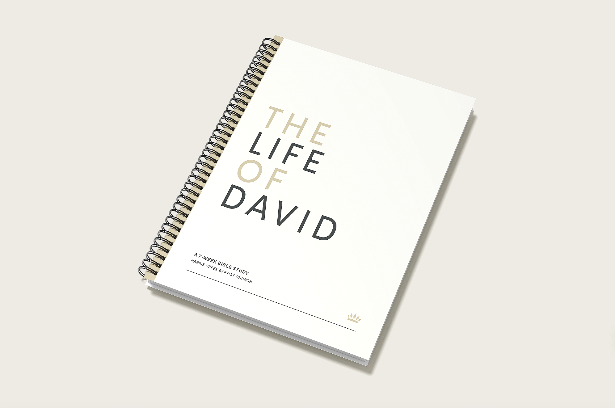 Book titled 'The Life of David' with a spiral binding, placed on a light surface, subtitle indicates a 7-week Bible study at Harris Creek Baptist Church.