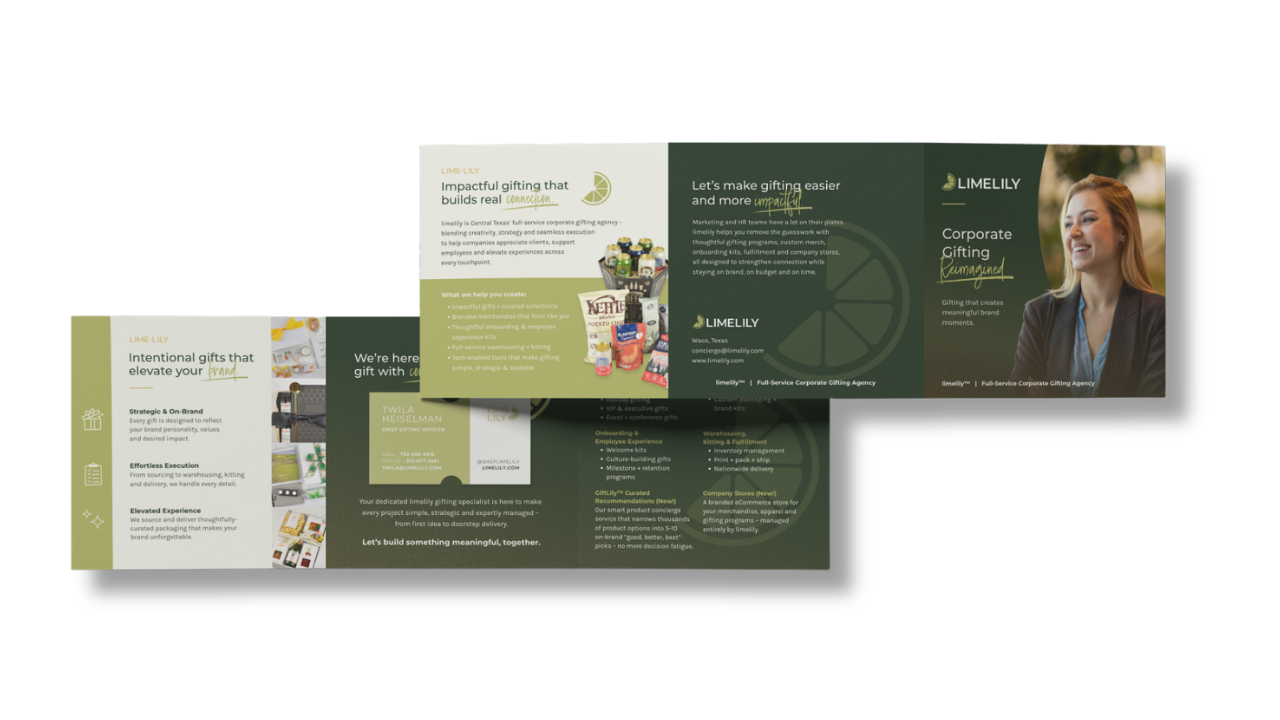Brochure for Limely corporate gifting services with images of gift boxes and a smiling woman.