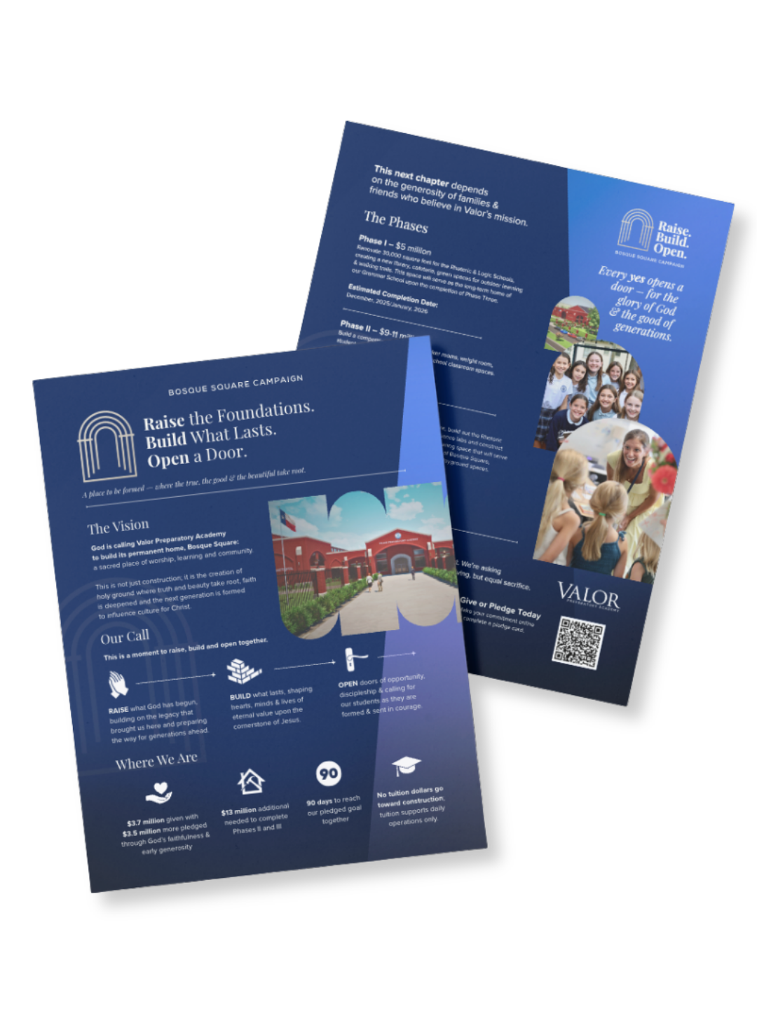 Two blue campaign flyers for Bosque Square Campaign with images of a school, a group of children, a woman with children, and various icons and text about the campaign's vision, goals, and progress.