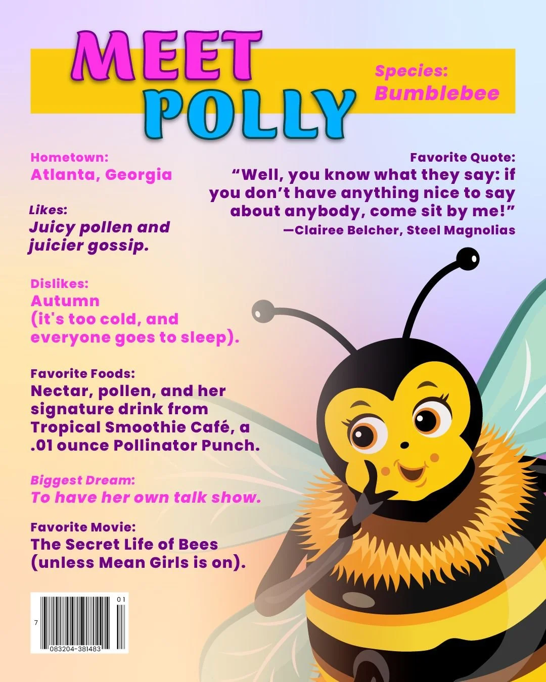 Now that my social media hiatus (#selfcare) is over, it's the perfect time to reintroduce you to all of my friends. Up first is Polly 🐝 (partly because it's Pollinator Month, partly because she threatened to sting me if she wasn't).

Some fun facts 
