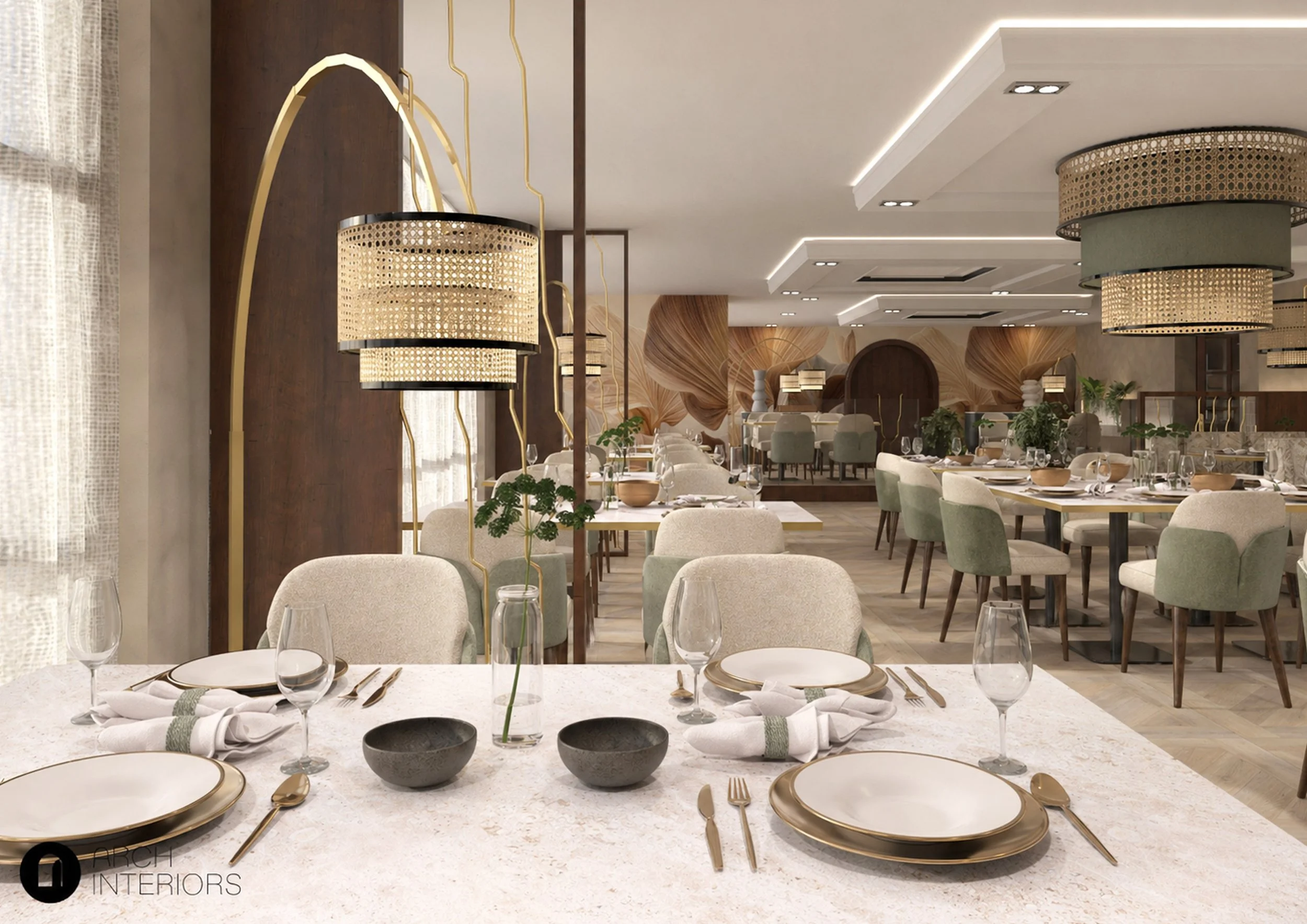 Biophilic dining concept with greenery and layered materials