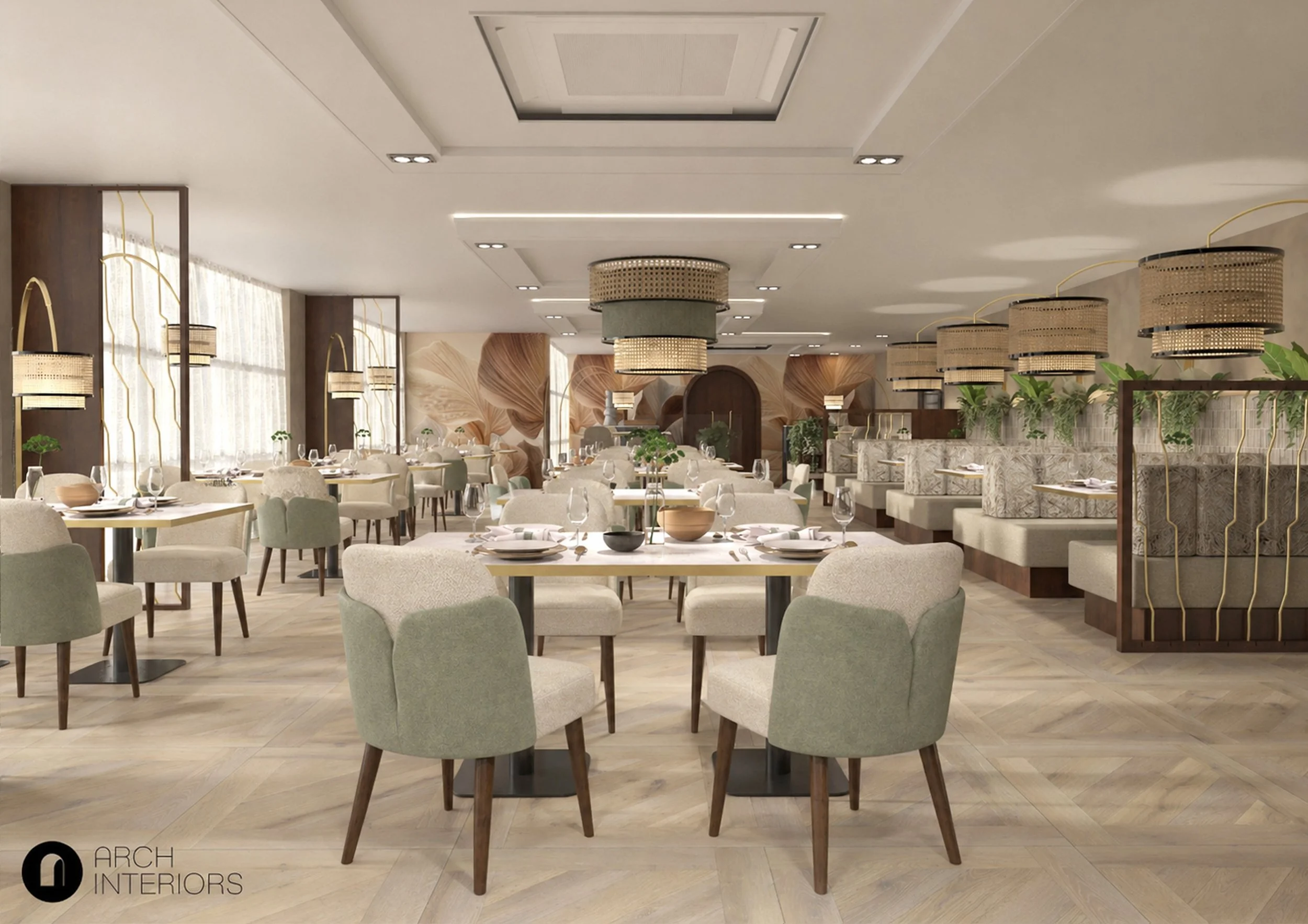 Custom-designed dining chairs with a dual-tone upholstered back detail bring subtle contrast and comfort, complementing the soft, nature-inspired palette of the interior.