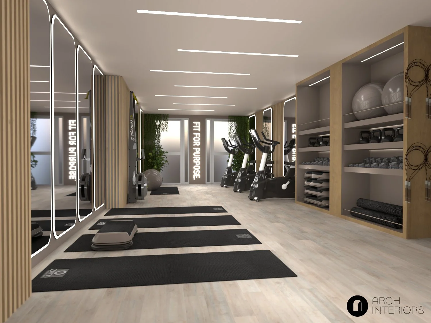 Boutique gym design | London 

A calm, minimal space designed for focus, flow, and purpose.
This boutique gym concept blends clean architectural lines with warm timber tones, integrated storage, and subtle biophilic elements, creating an environment 