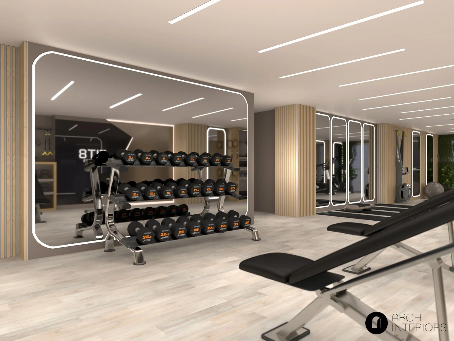 Strength, elevated.

A free weights zone designed to feel open, calm, and empowering, not intimidating.
Full height mirrors, clean sightlines, and integrated lighting enhance focus and form, while warm timber details soften the space and bring balanc