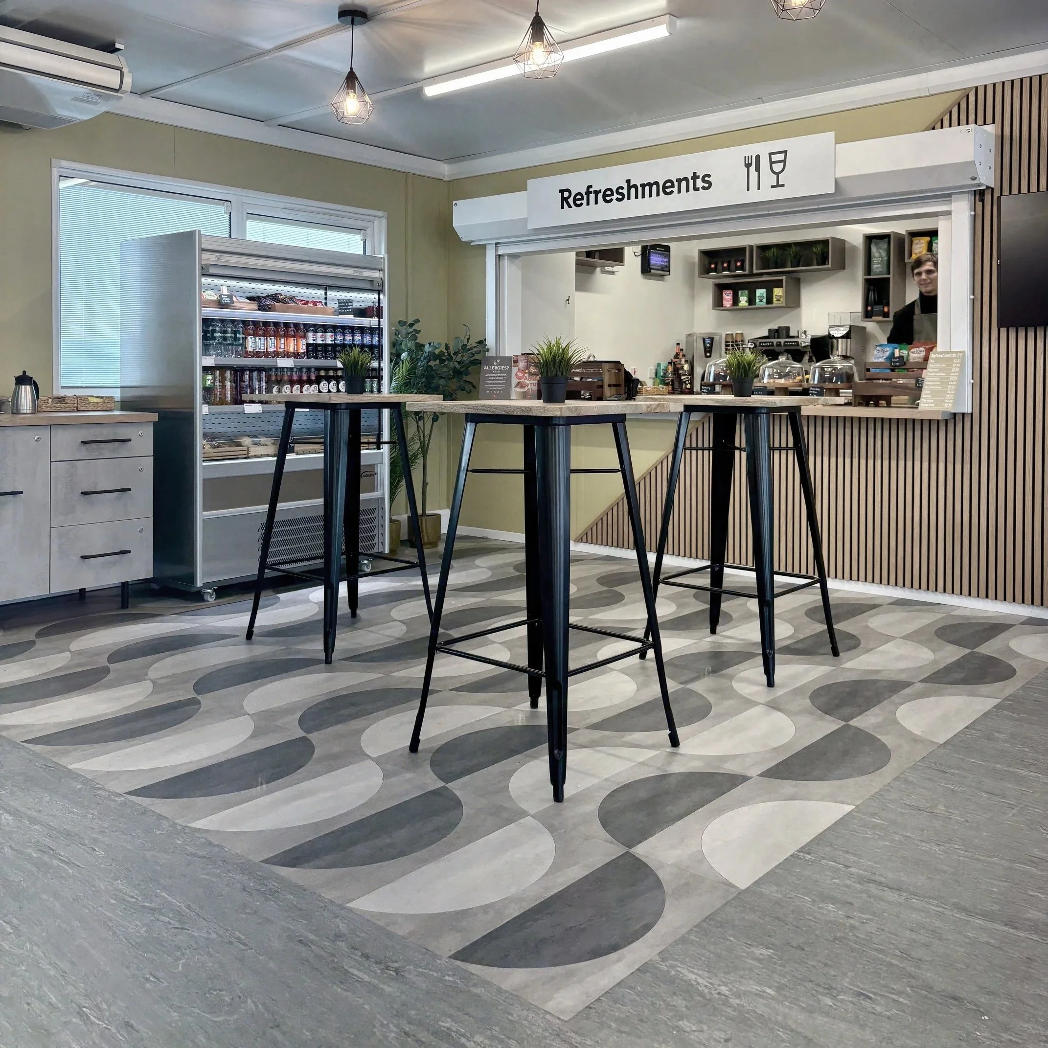 Servery counter and poseur tables