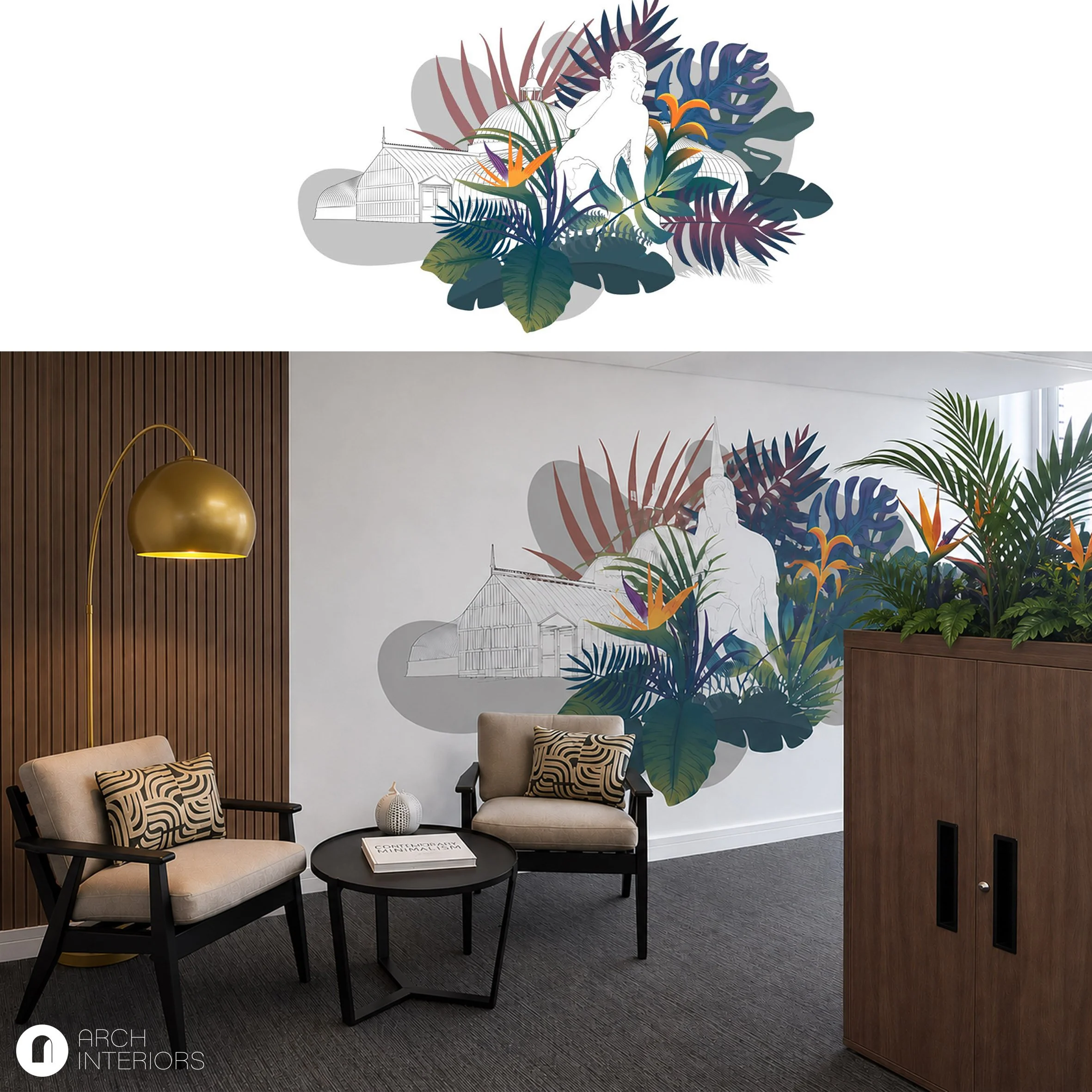 Bringing Glasgow's Botanical Gardens into the workplace.

Inspired by the iconic Glasgow Botanic Gardens, this office design proposal celebrates the city's natural beauty through a bespoke mural that combines the historic Kibble Palace with lush trop