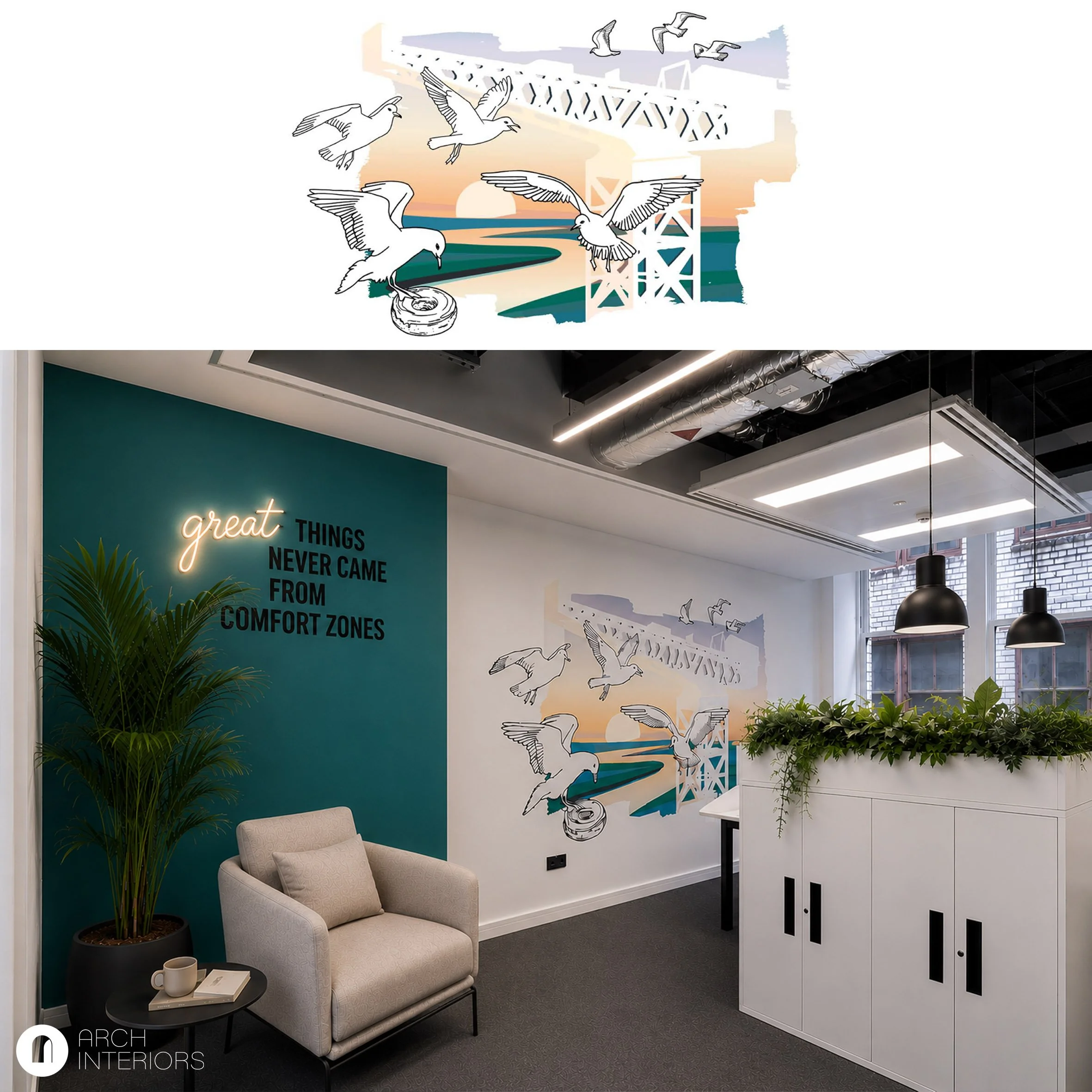 Inspired by Glasgow's proud industrial heritage.

This office design proposal features a bespoke mural celebrating one of the city's iconic Clyde shipyard cranes, brought to life with soaring gulls, flowing river forms and warm sunset tones. The artw