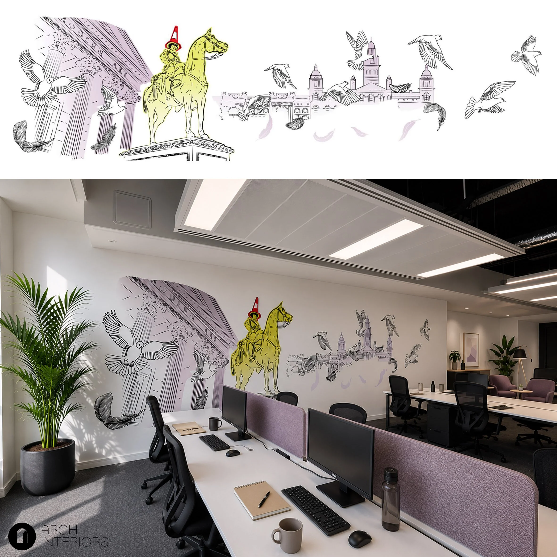 A workspace should do more than support productivity, it should tell a story.

For this office design proposal, we created a bespoke mural inspired by the iconic architecture of Glasgow, celebrating the city's heritage with a contemporary twist. From
