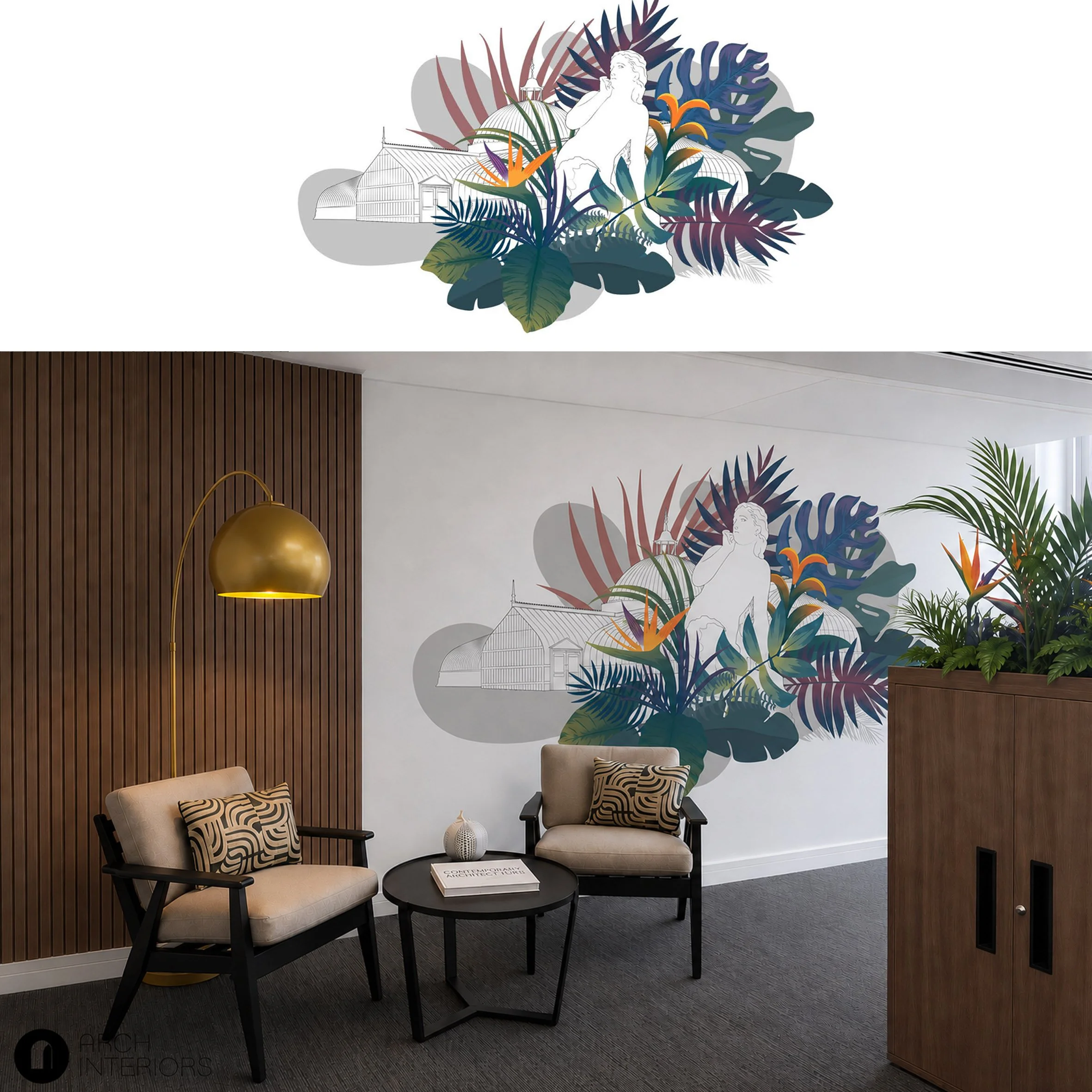 Inspired by the iconic Glasgow Botanic Gardens, this office design proposal celebrates the city's natural beauty through a bespoke mural that combines the historic Kibble Palace with lush tropical foliage. 

Rich botanical layers and vibrant planting