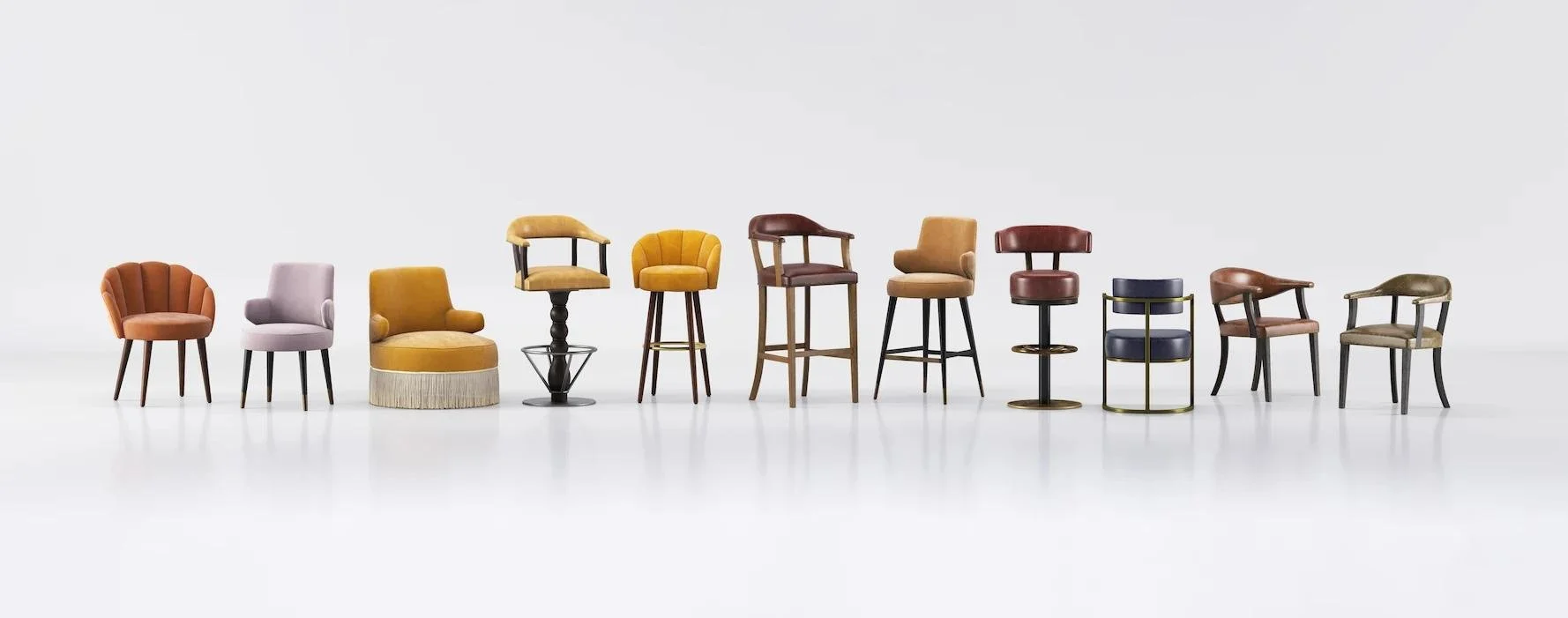 A curated collection of contemporary and classic seating designs, presented as a cohesive range.