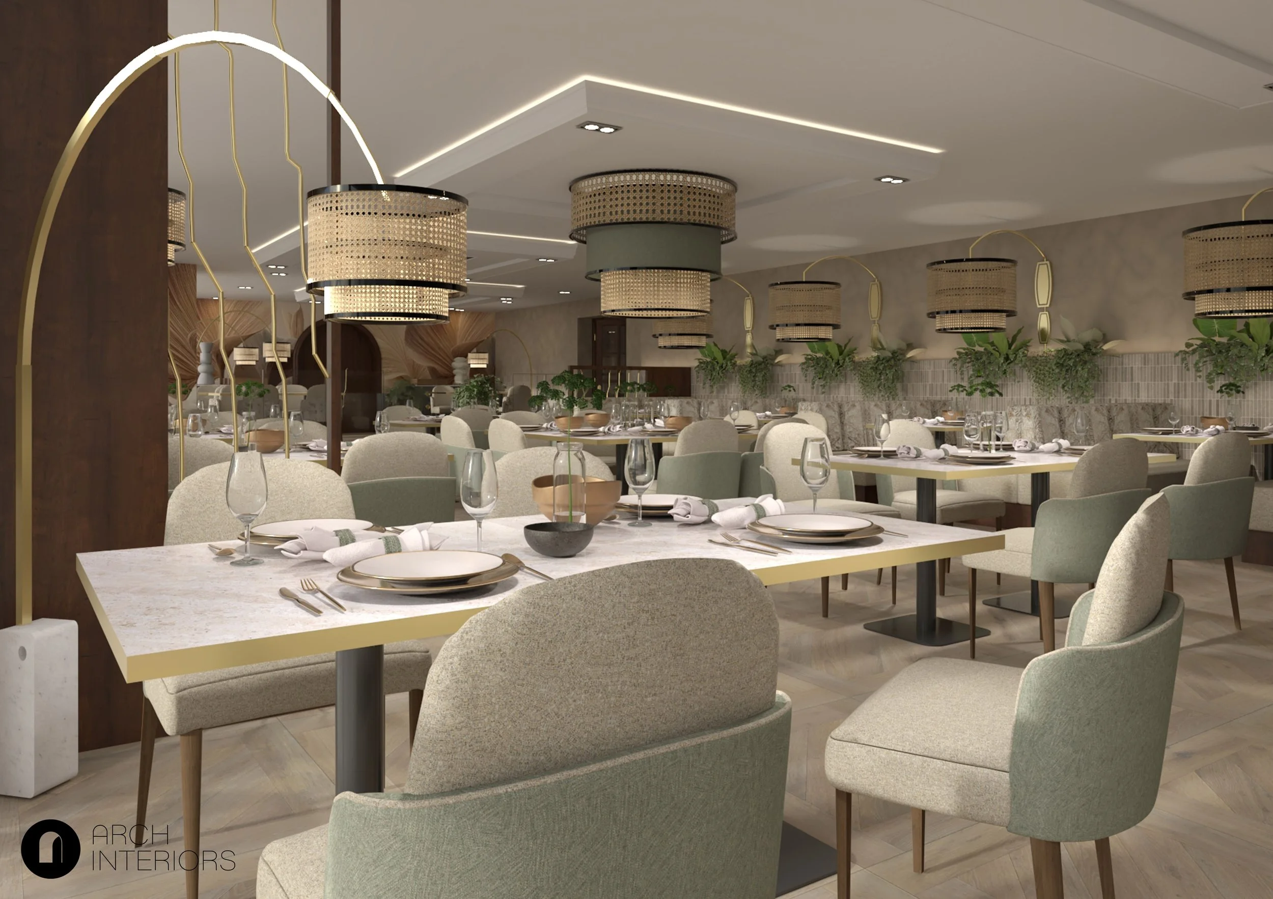 Hospitality interior design with bespoke seating and organic textures