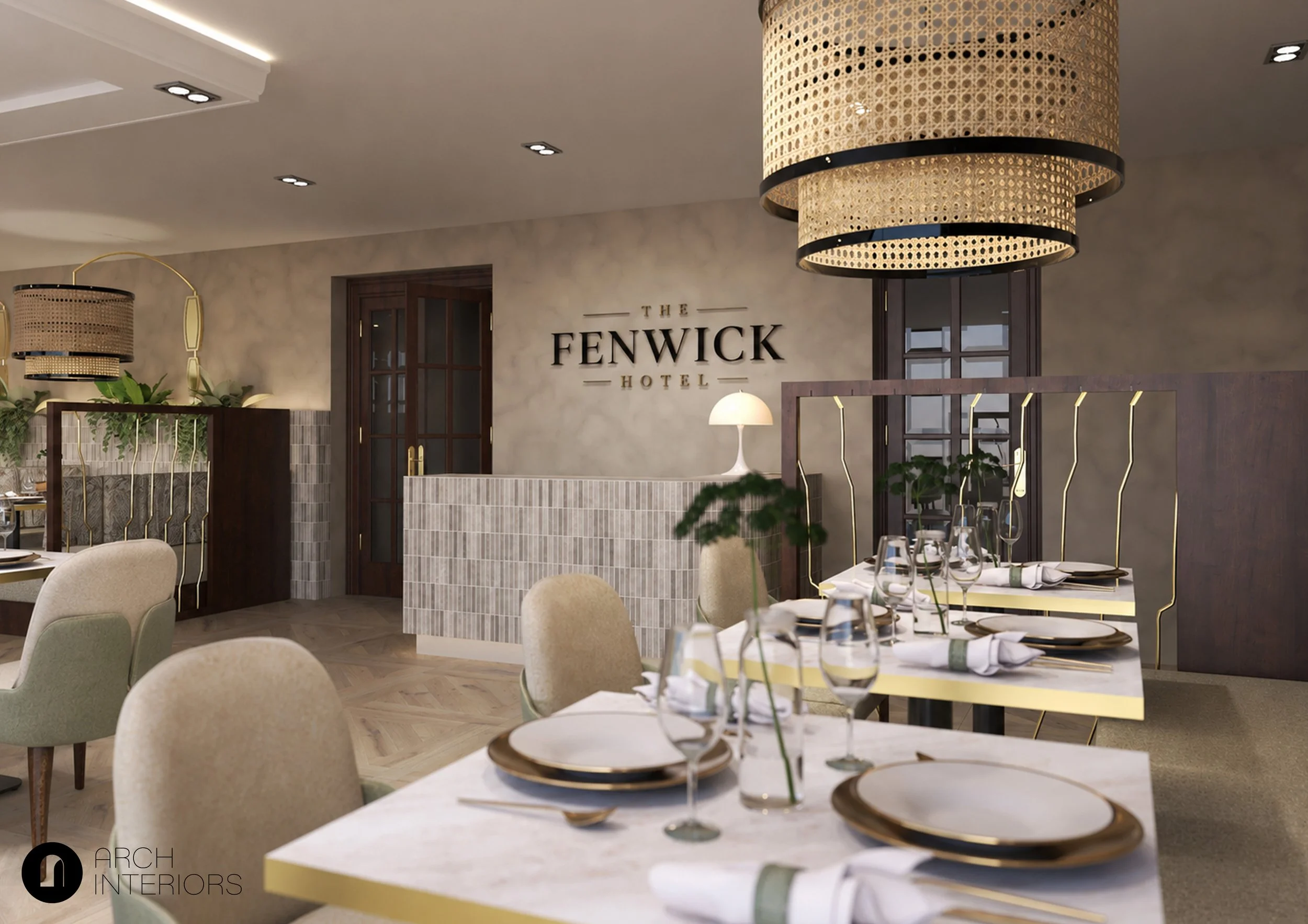 The Fenwick Hotel logo on a wall. Elegant restaurant interior with neutral palette and statement lighting