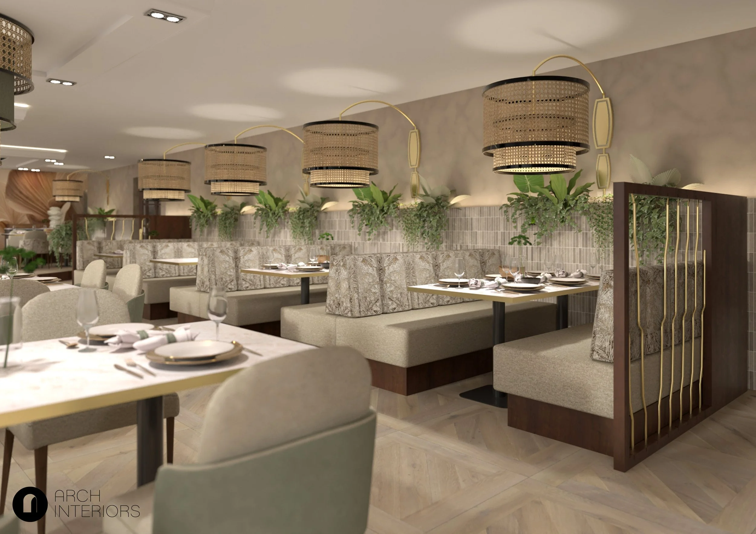 Elegant restaurant interior with neutral palette and statement lighting