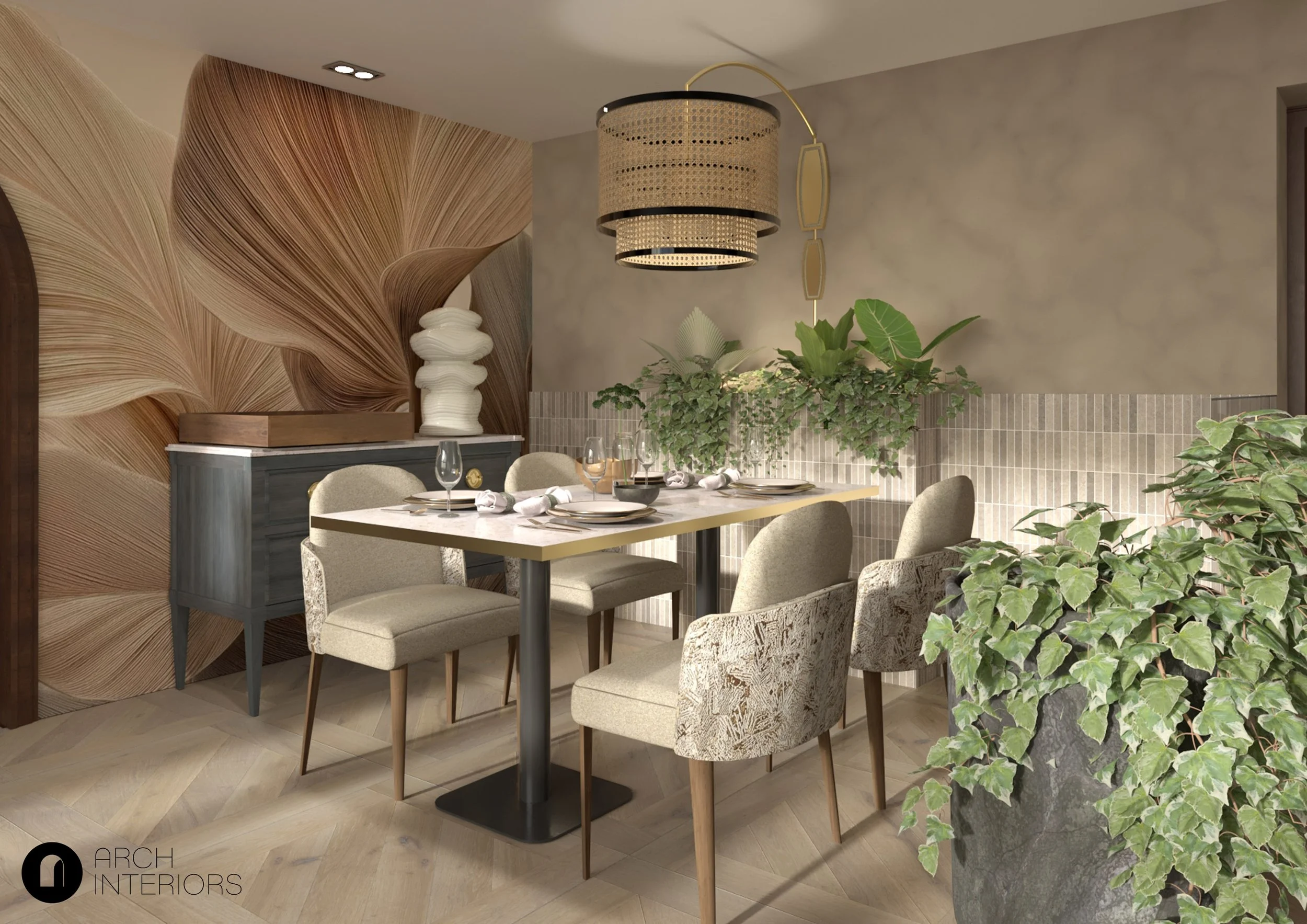 Nature-inspired restaurant interior with soft lighting and timber flooring