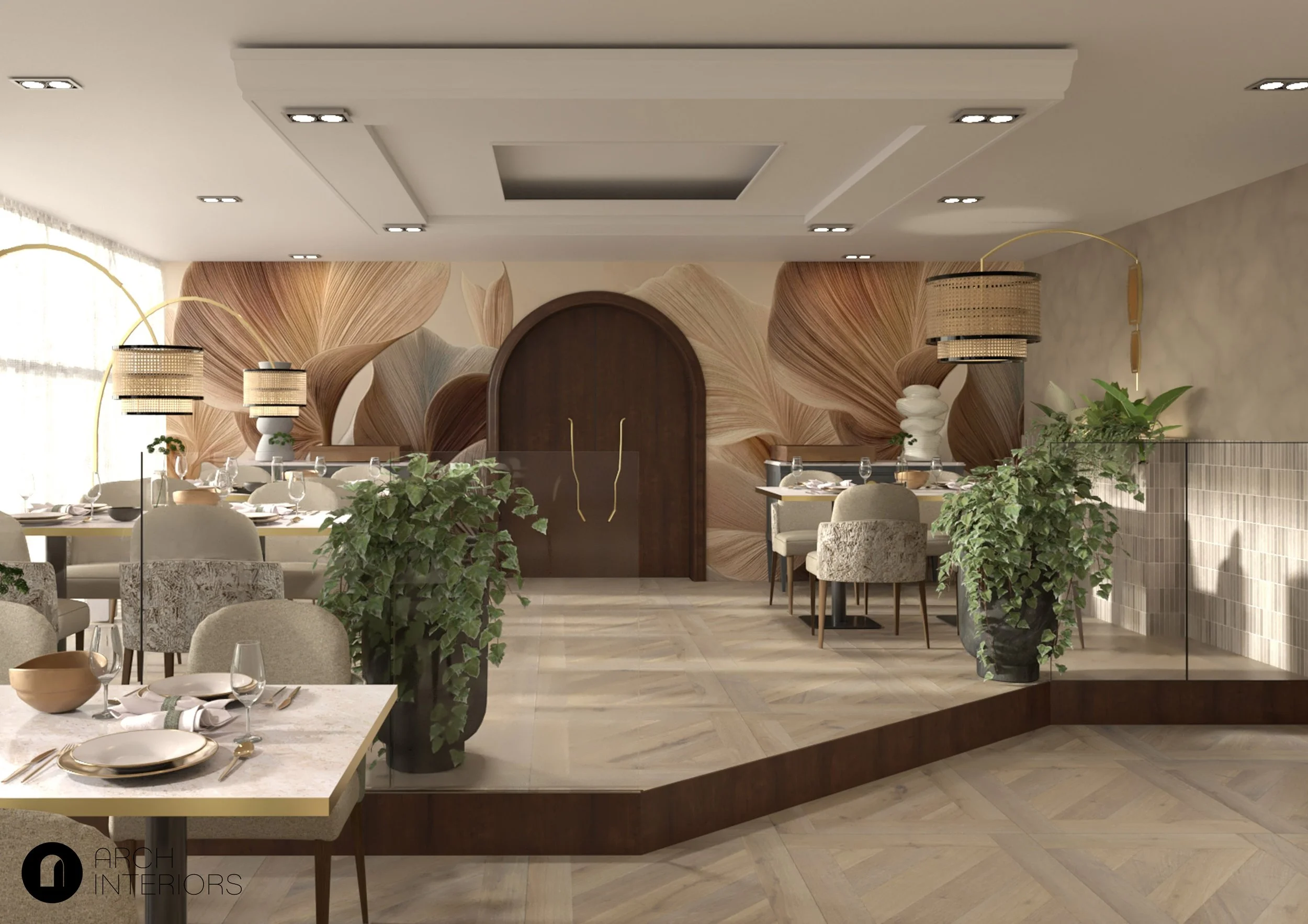 Contemporary dining space with upholstered chairs and sculptural wall design