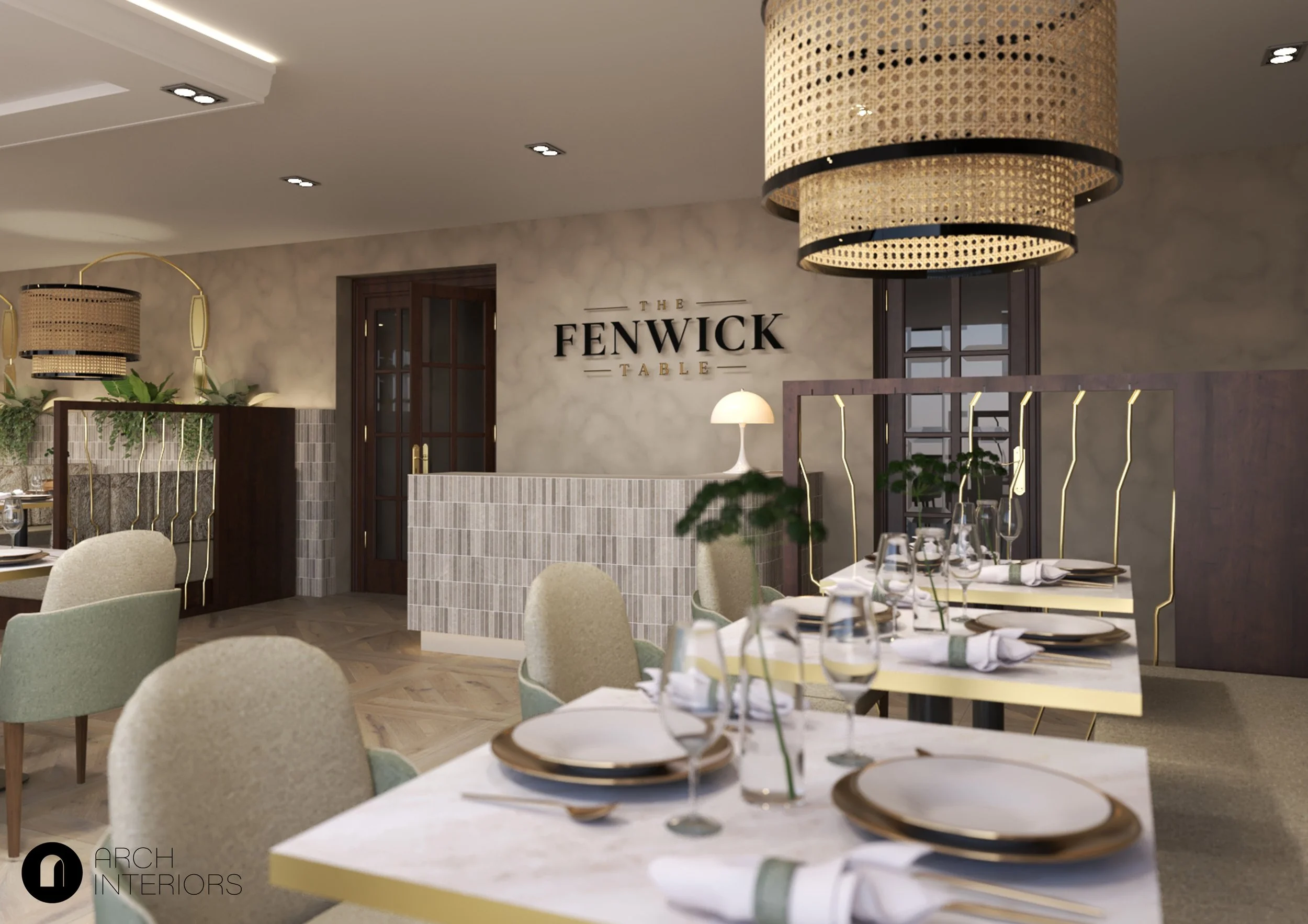 Elegant restaurant interior with neutral palette and statement lighting