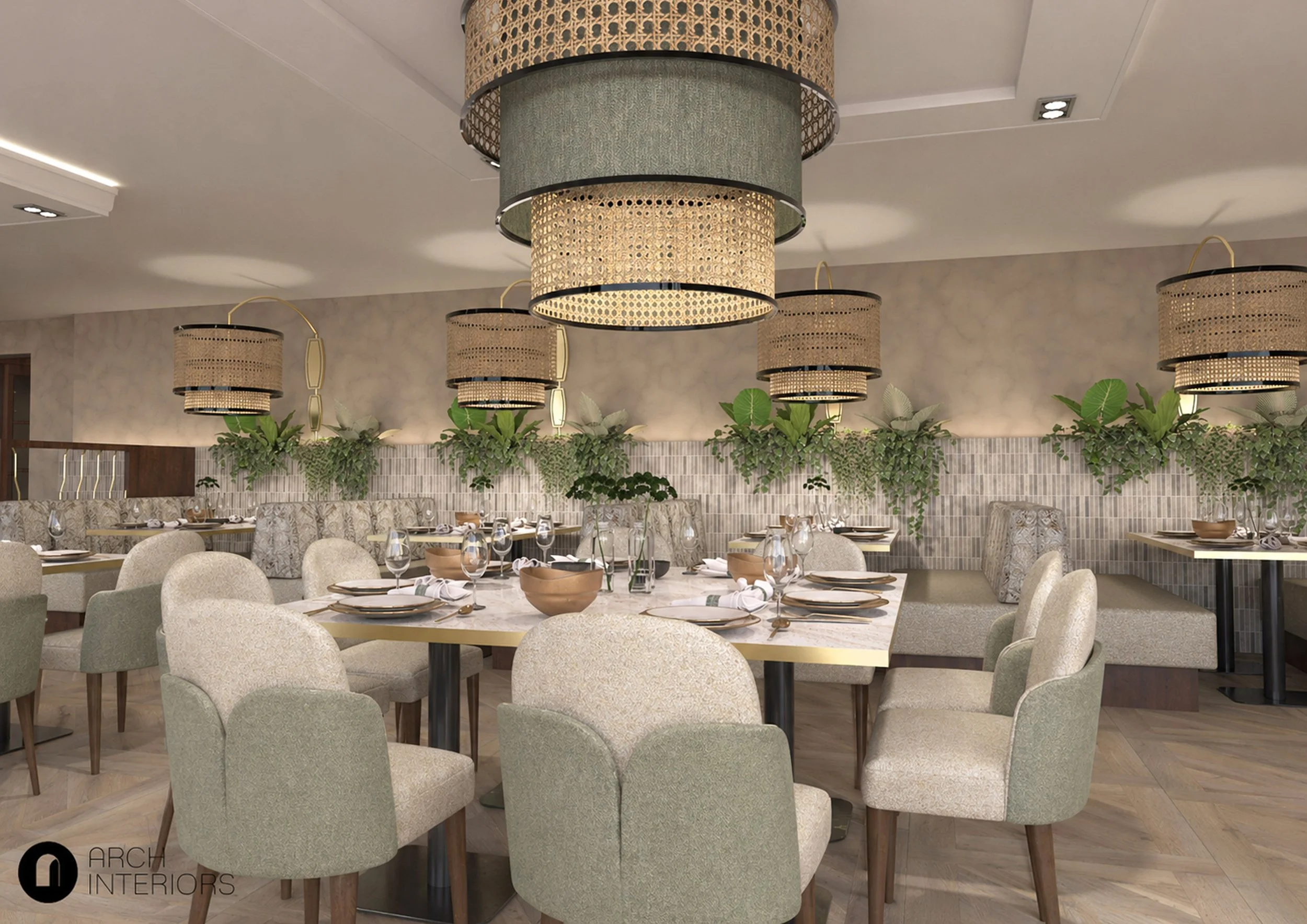 A refined hospitality space where natural materials, muted greens and warm wood finishes come together to create a balanced and inviting dining environment. Bespoke seating adds softness and continuity throughout the space.
