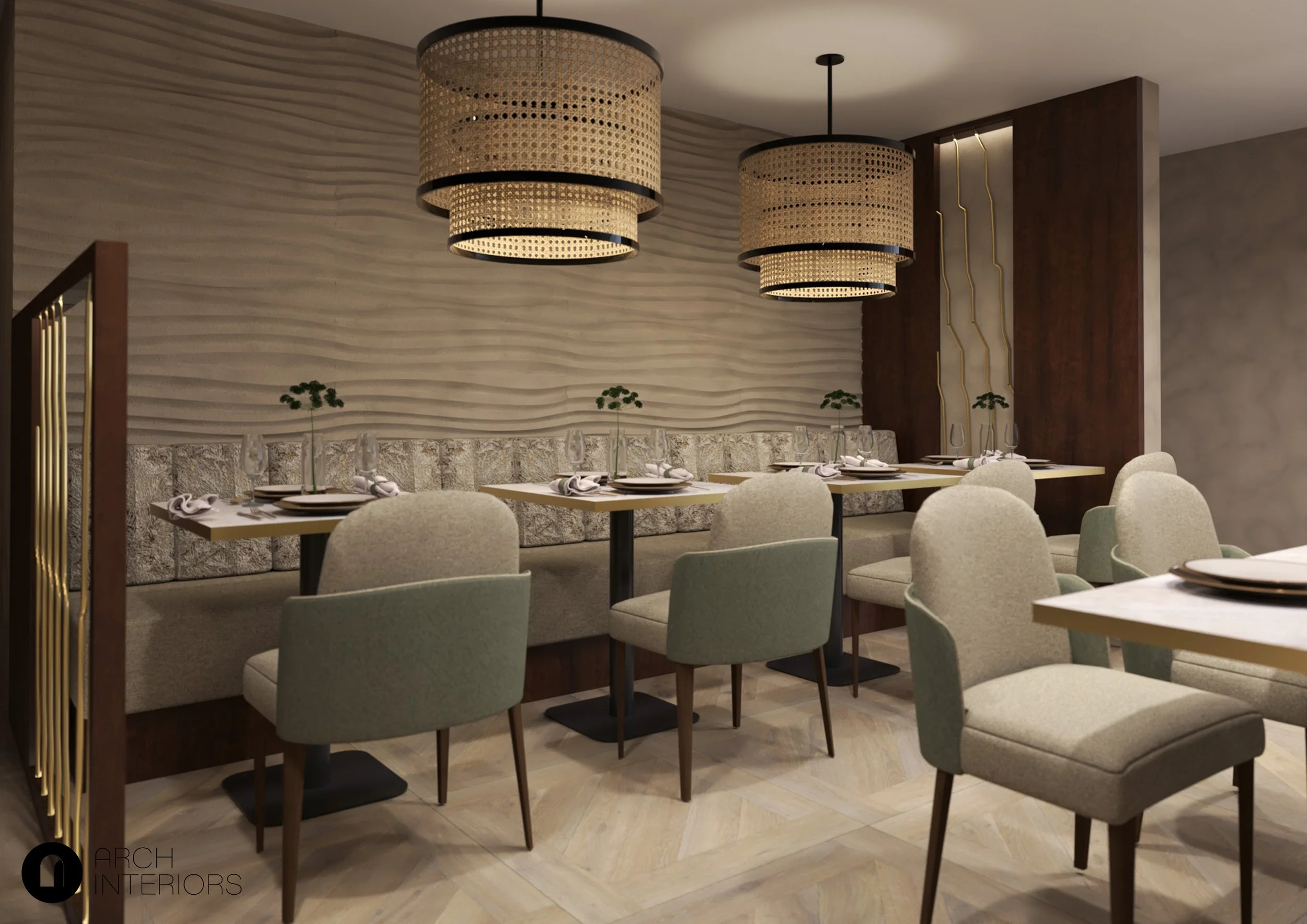Elegant restaurant interior with neutral palette and statement lighting