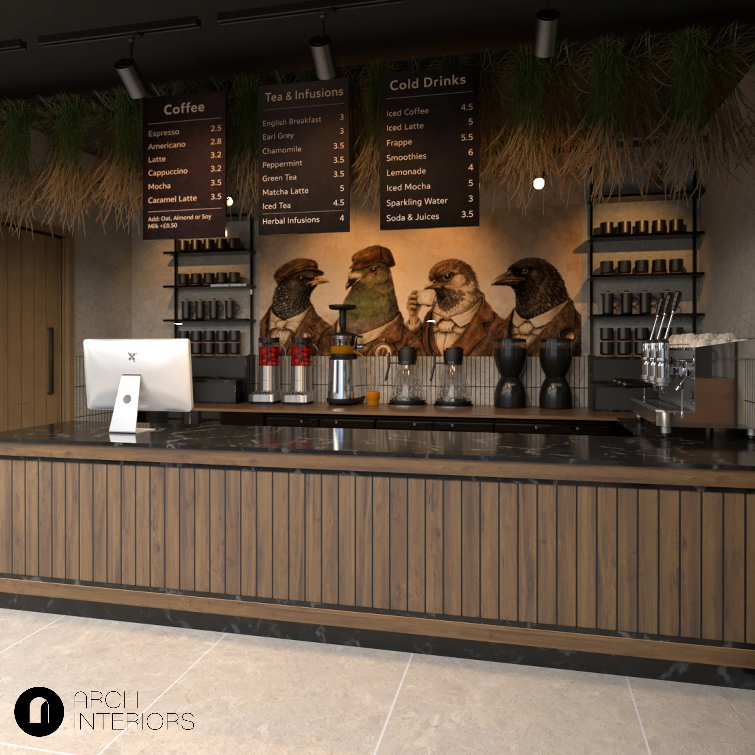 Vertical cafe counter cladding, bespoke mural at the back