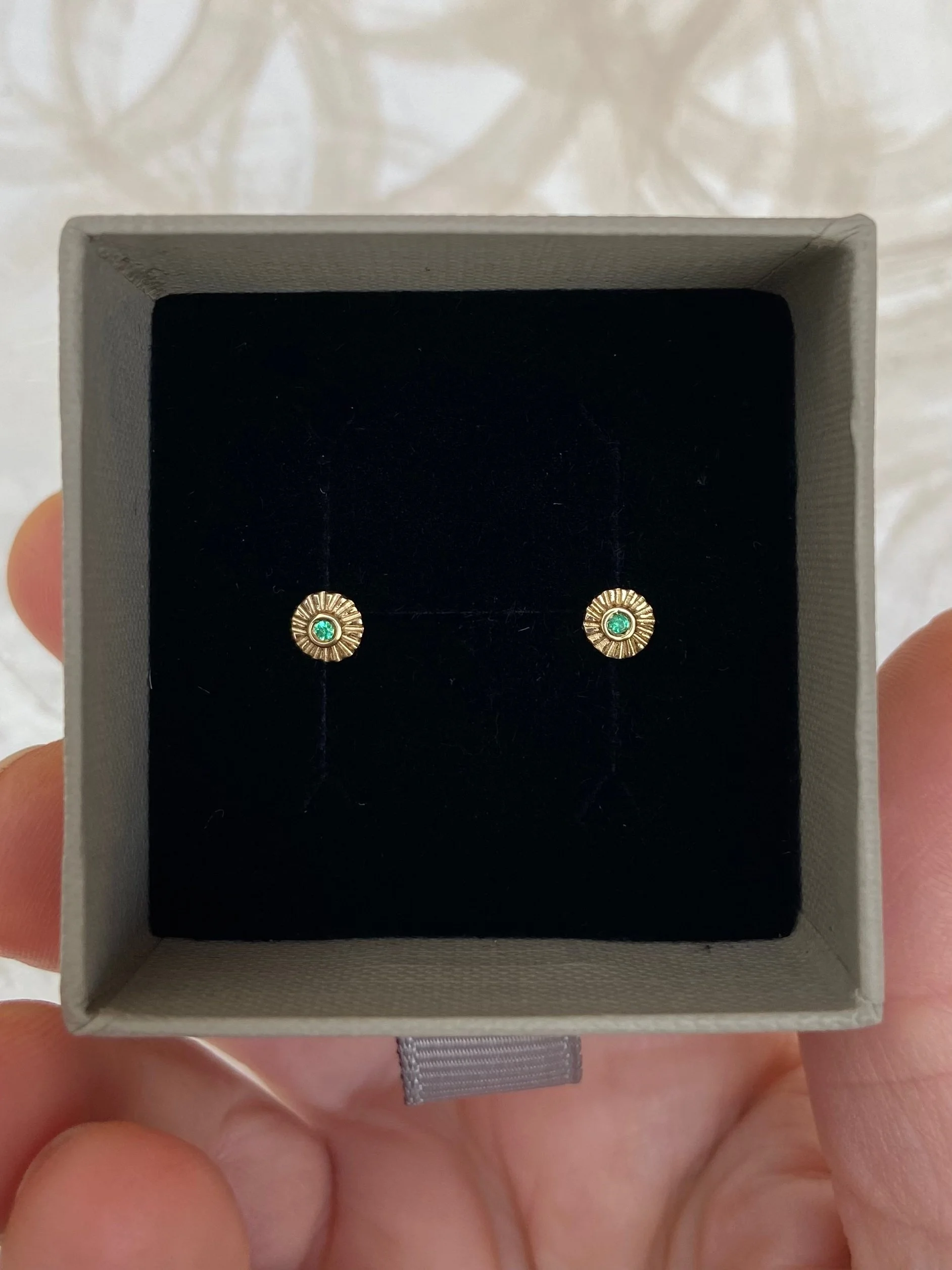Teeny tiny sun-ray studs, 9ct Gold, Emerald