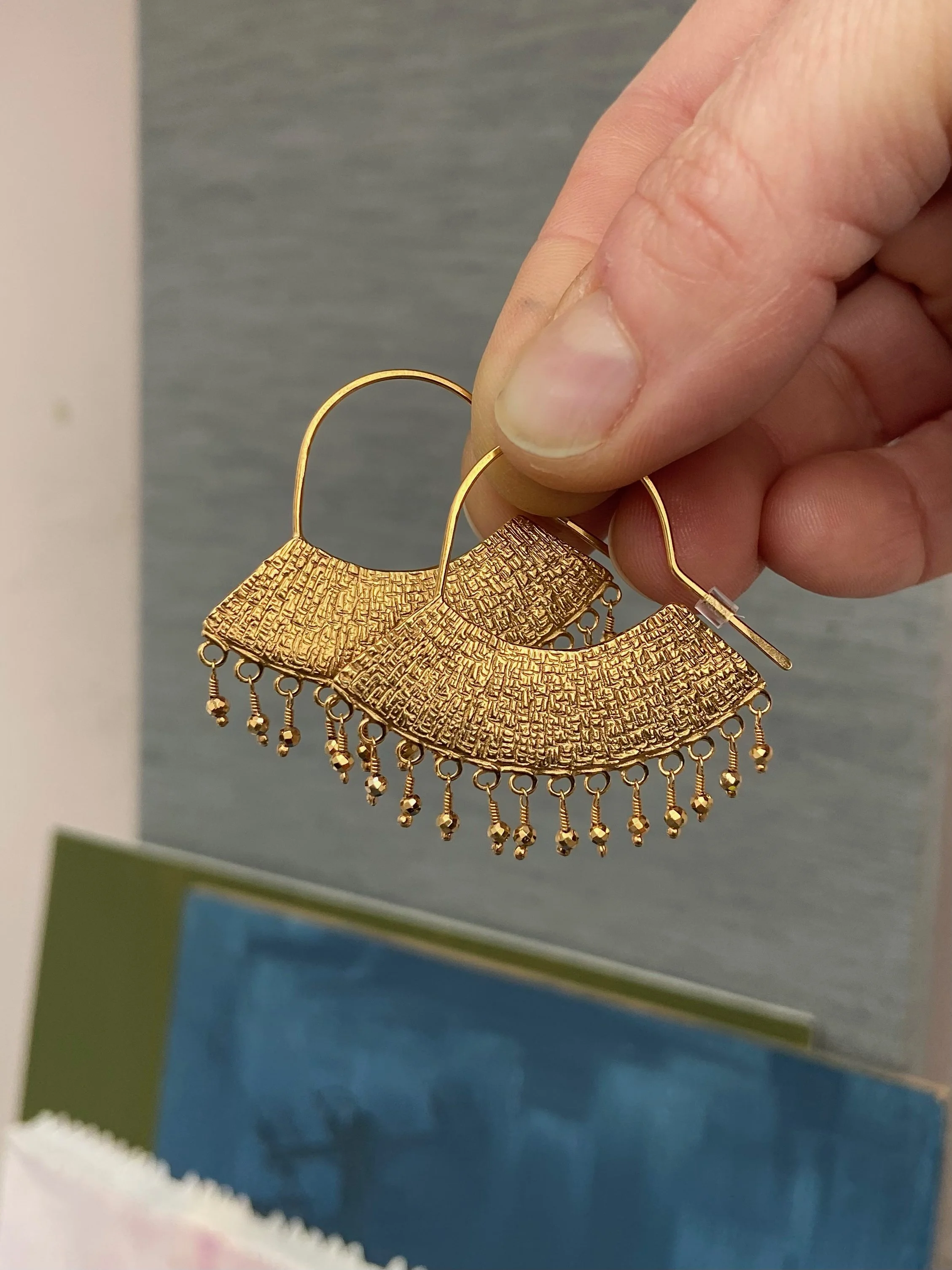 Large chandelier earrings, Pyrite, 14ct Gold vermeil.