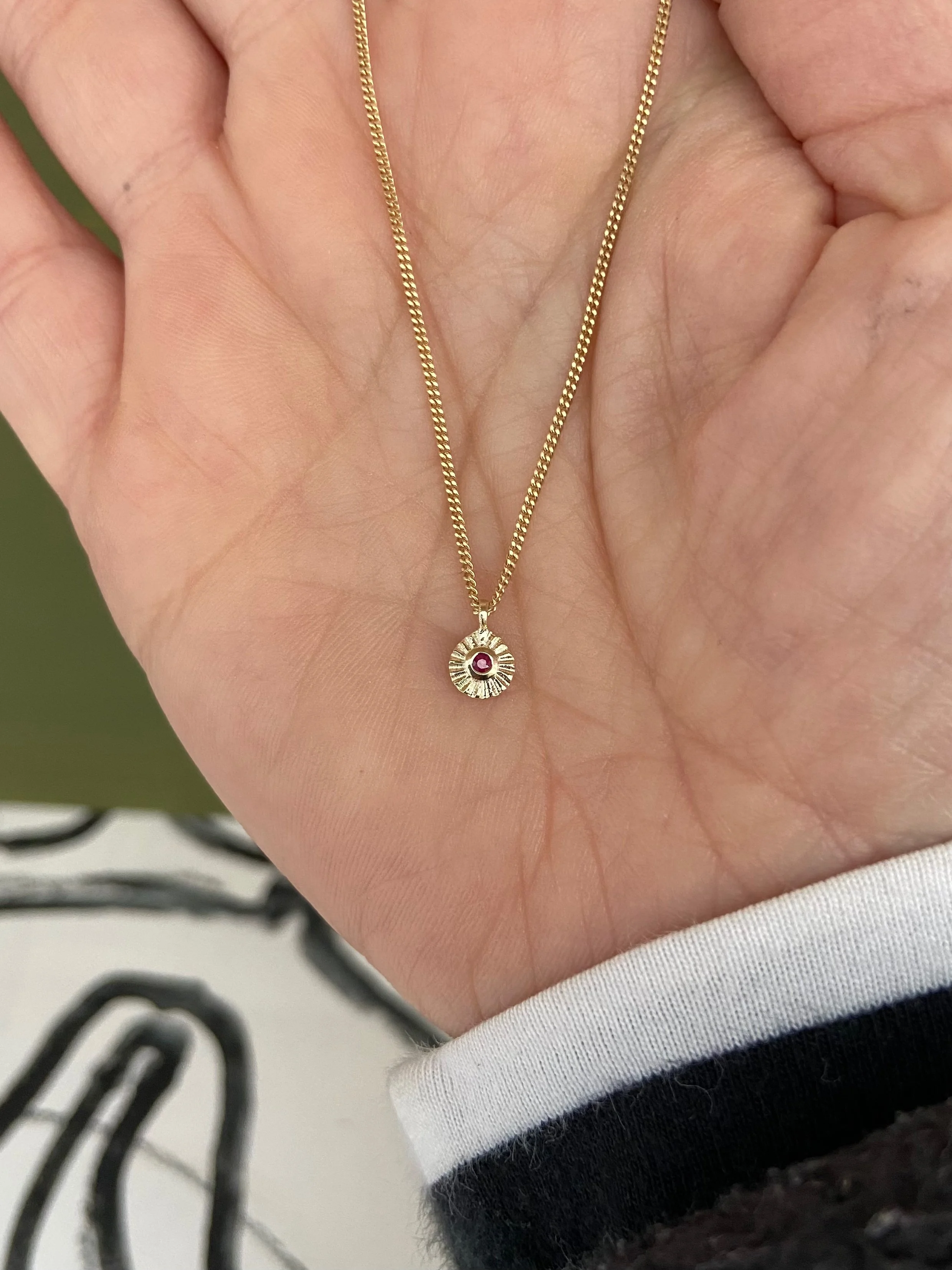 Teeny tiny sun-ray pendant, 9ct Gold, Ruby.