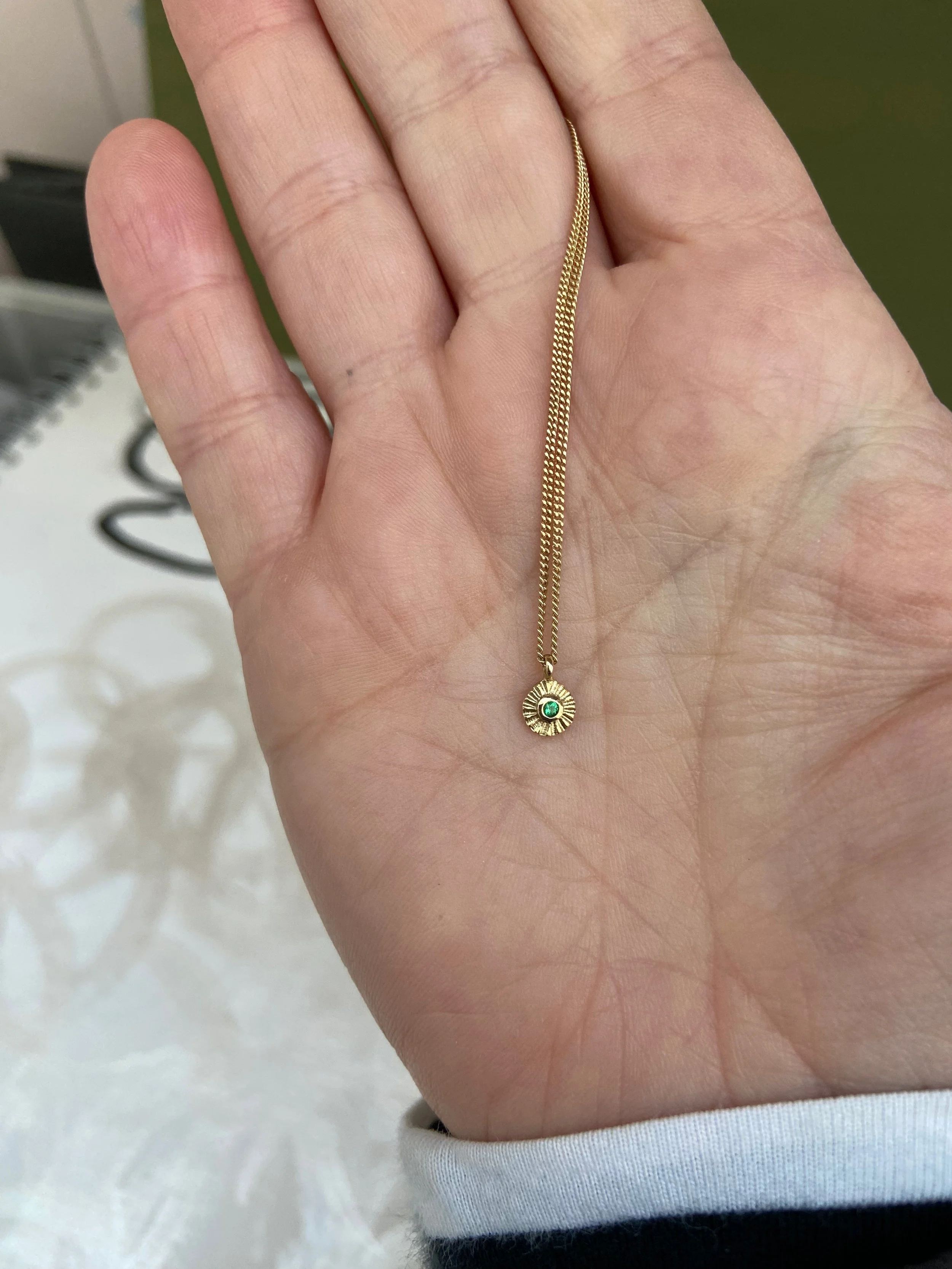 Teeny tiny sun-ray pendant, 9ct Gold, Emerald.